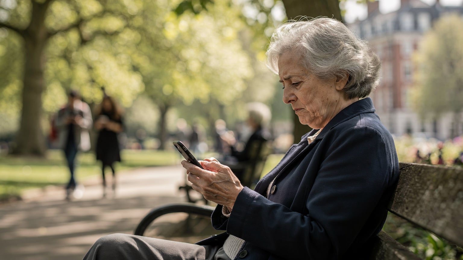 Una donna anziana, seduta su una panchina in un parco di Londra, tiene in mano il suo smartphone e sembra un po' confusa dalla schermata, mentre intorno a lei i passanti usano i loro telefoni con naturalezza. Sfondo di fogliame e tipiche architetture londinesi.