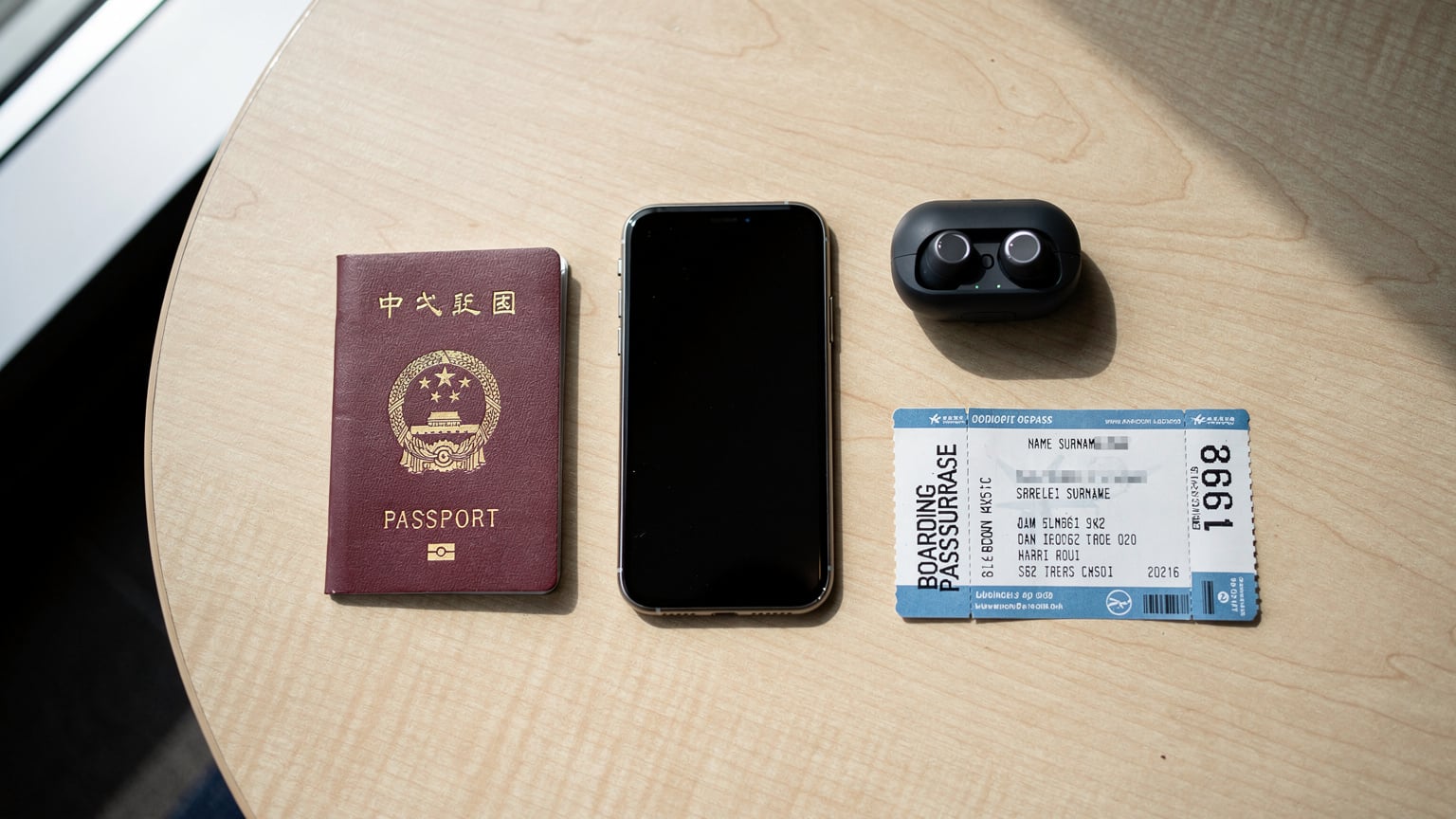一張護照、一部智能手機、耳機和登機牌整齊地擺放在一張簡潔的咖啡桌上,營造出一個旅行者在機場候機或咖啡館休息,準備出發的場景。