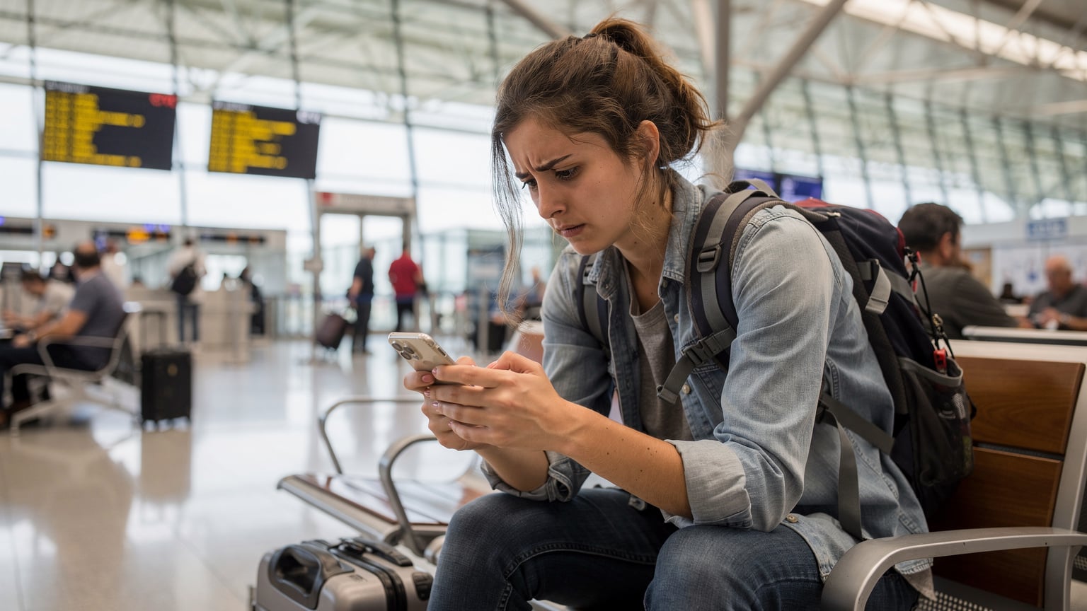 Una mujer, frustrada, mira su iPhone con la señal de red intermitente en el aeropuerto de Madrid-Barajas, simbolizando un problema de conectividad.