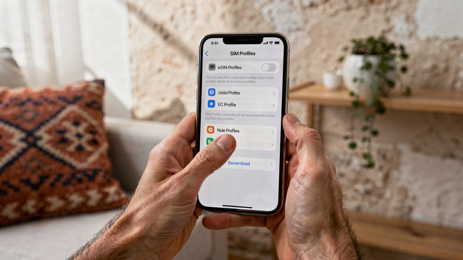 Una persona gestiona múltiples eSIMs en su iPhone, seleccionando el plan de datos adecuado para su estancia en España desde la comodidad de su piso en Malasaña.