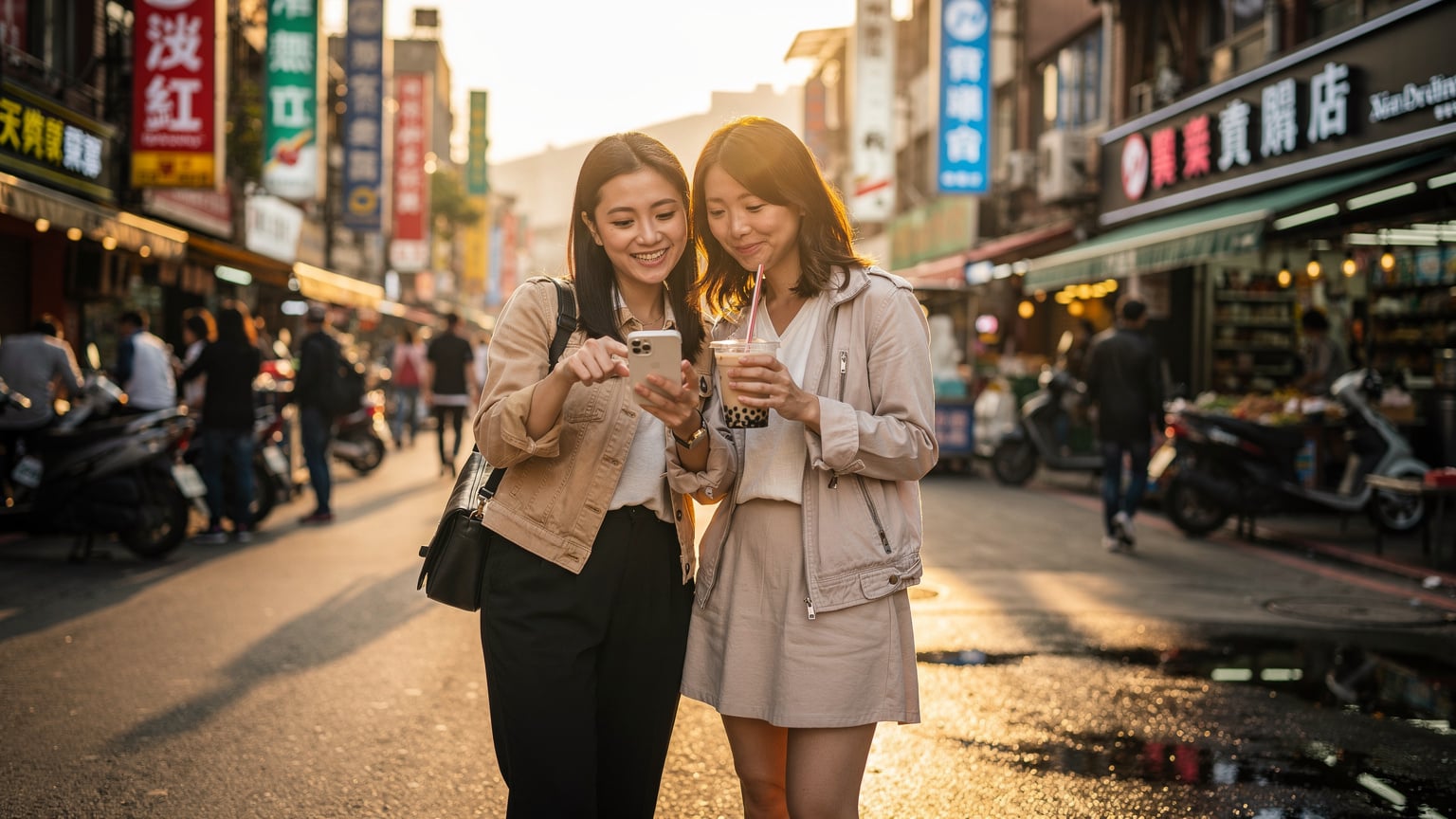 台北の活気ある西門町で、友人とスマートフォンを見ながら次の目的地を相談している日本人旅行者の女性二人。
