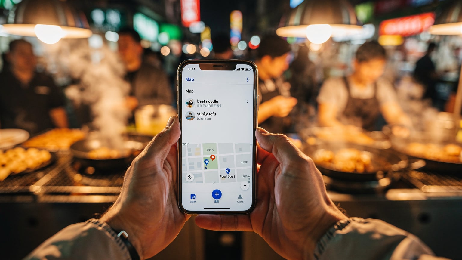 台北の夜市で、スマートフォンを片手に屋台のメニューを検索している日本人旅行者。