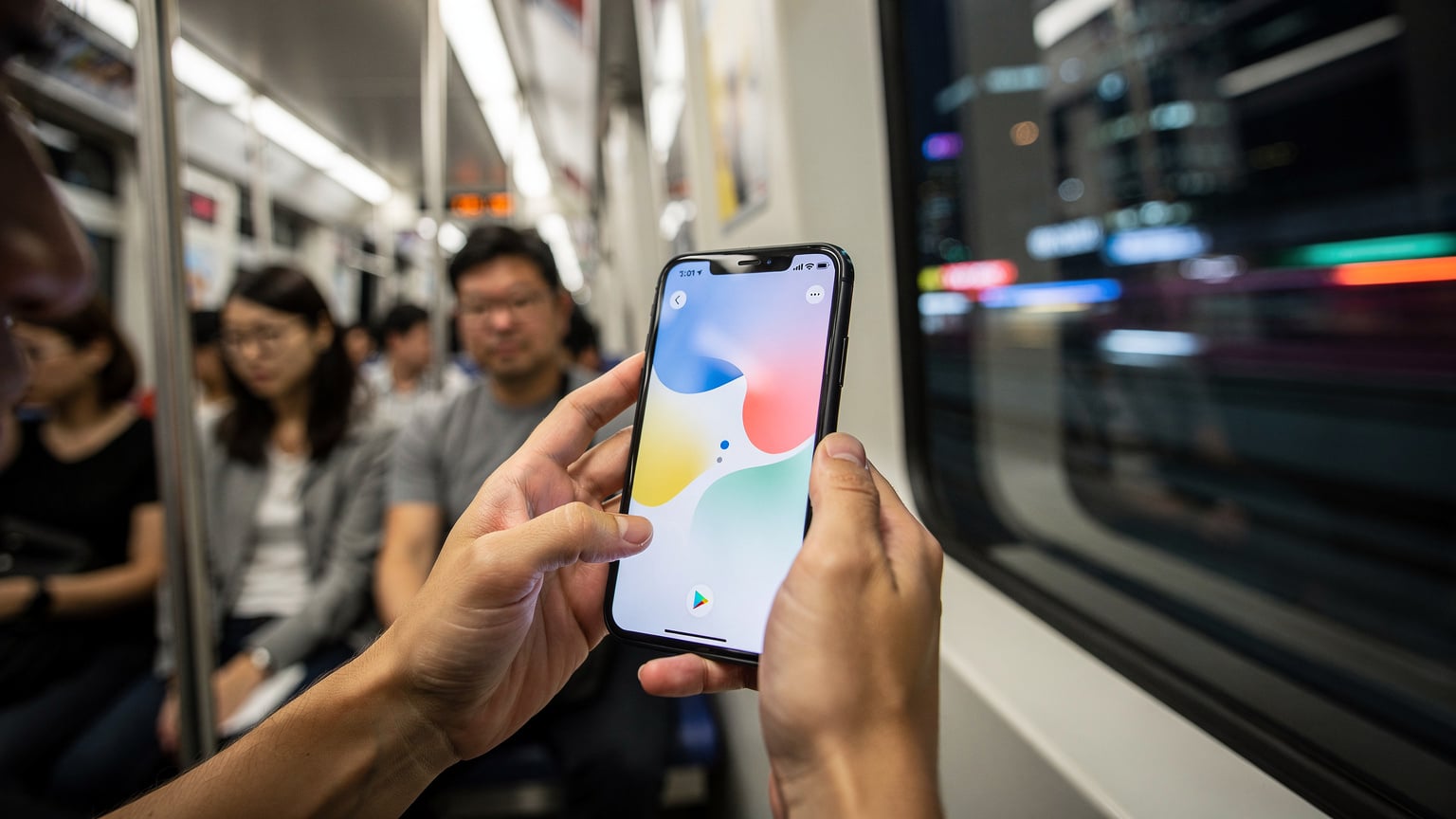 台北のMRT車内で、スマートフォンで地図アプリを熱心に見ている日本人旅行者の手元。