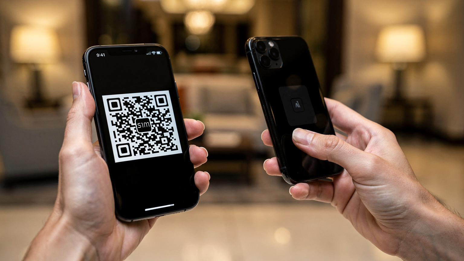 Nahaufnahme von Händen, die ein Smartphone halten, auf dem ein QR-Code für die eSIM-Aktivierung gescannt wird, im Hintergrund eine verschwommene Hotellobby mit modernen Möbeln und gedämpfter Beleuchtung.
