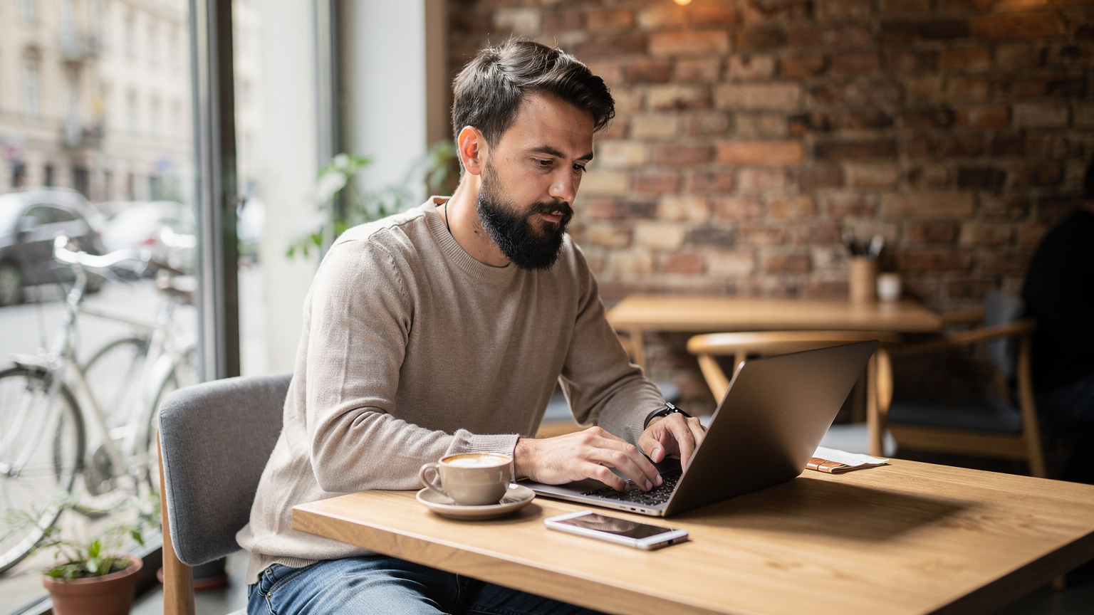 Ein Digitalnomade, männlich, ca. 35, sitzt entspannt in einem modernen Berliner Café, arbeitet an seinem Laptop und hat sein Smartphone daneben liegen, was seine flexible Arbeitsweise mit eSIM-Verbindung symbolisiert.