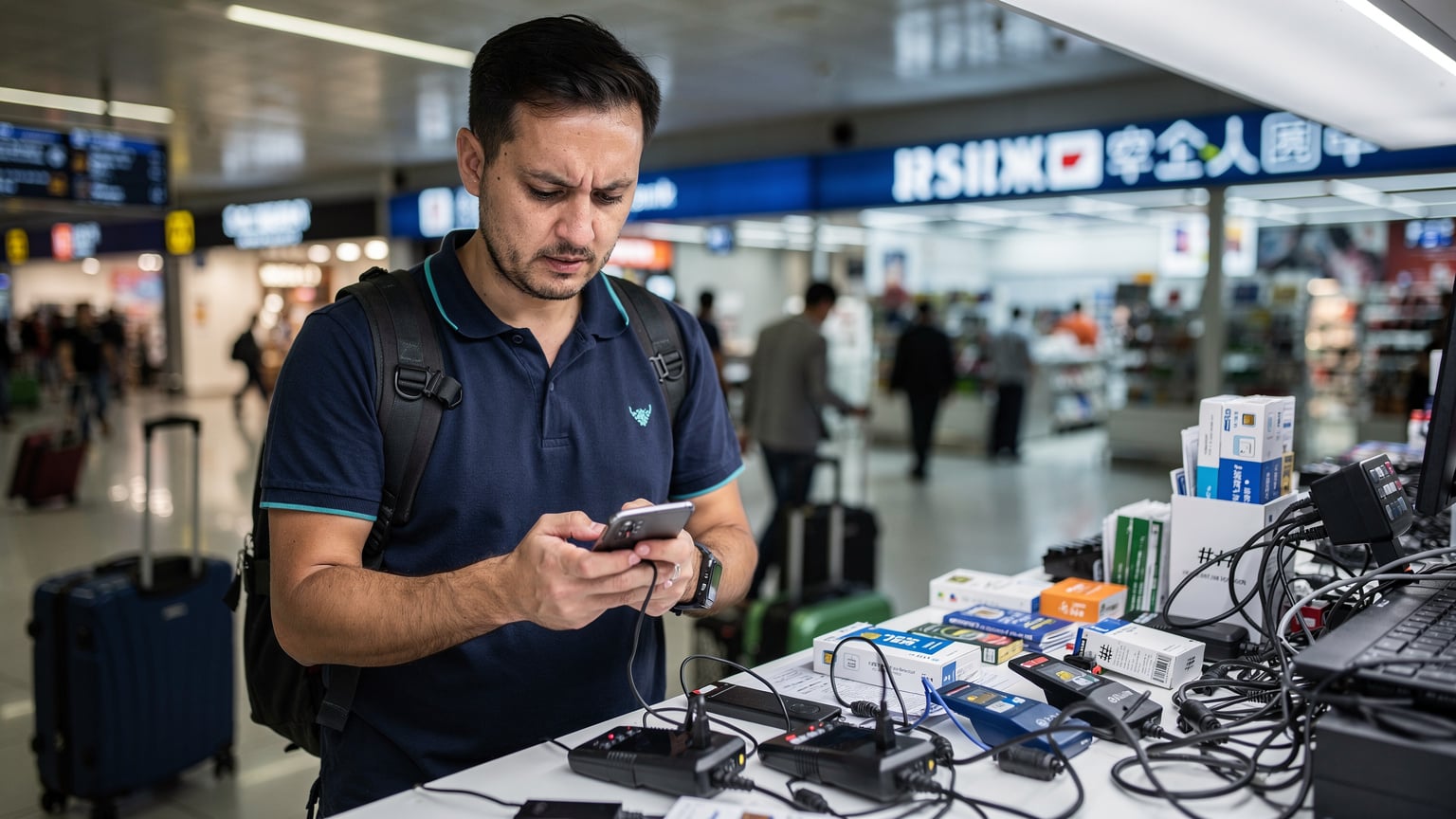 Ein Reisender mit einem genervten Ausdruck schaut auf sein Smartphone, während er versucht, an einem überfüllten Kiosk in einem asiatischen Flughafen eine lokale SIM-Karte zu kaufen, umgeben von Werbeschildern in einer fremden Sprache.