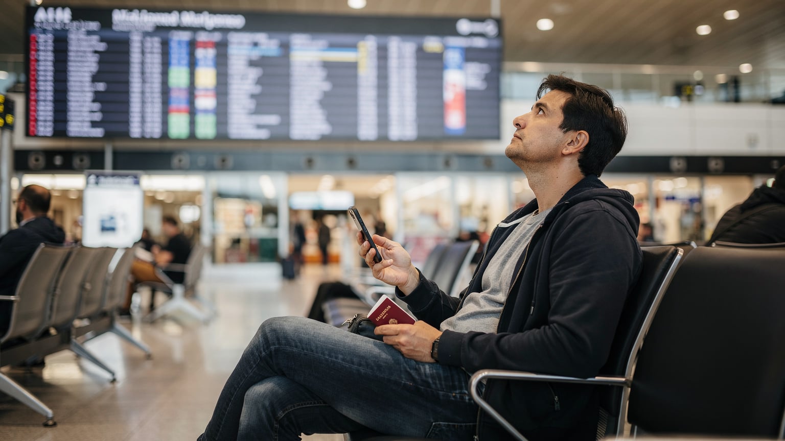 Un viaggiatore con uno smartphone e un passaporto in mano, in una sala d'attesa dell'aeroporto internazionale di Milano Malpensa, con lo sguardo fisso sul tabellone delle partenze.