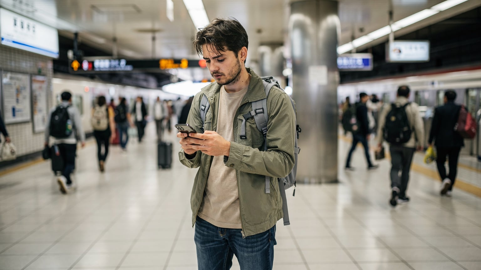 Un giovane backpacker controlla il suo telefono a una stazione ferroviaria affollata a Kyoto, Giappone, con uno sguardo preoccupato, mentre le persone si muovono velocemente intorno a lui.