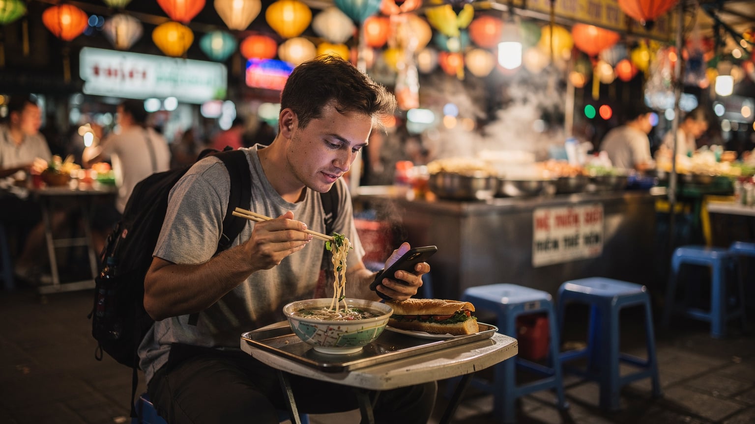 Un traveler frugale sta mangiando un pasto economico di strada in un mercato notturno affollato di Hanoi, Vietnam, mentre tiene il suo telefono in mano per consultare una mappa offline.