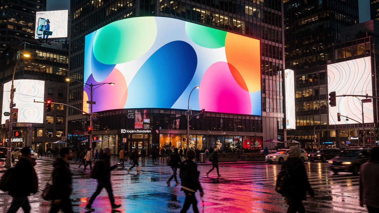 Un panneau d'affichage dans une rue animée de Toronto, affichant des publicités pour les forfaits mobiles des opérateurs canadiens comme Rogers, Bell ou Telus, avec des passants flous en arrière-plan.