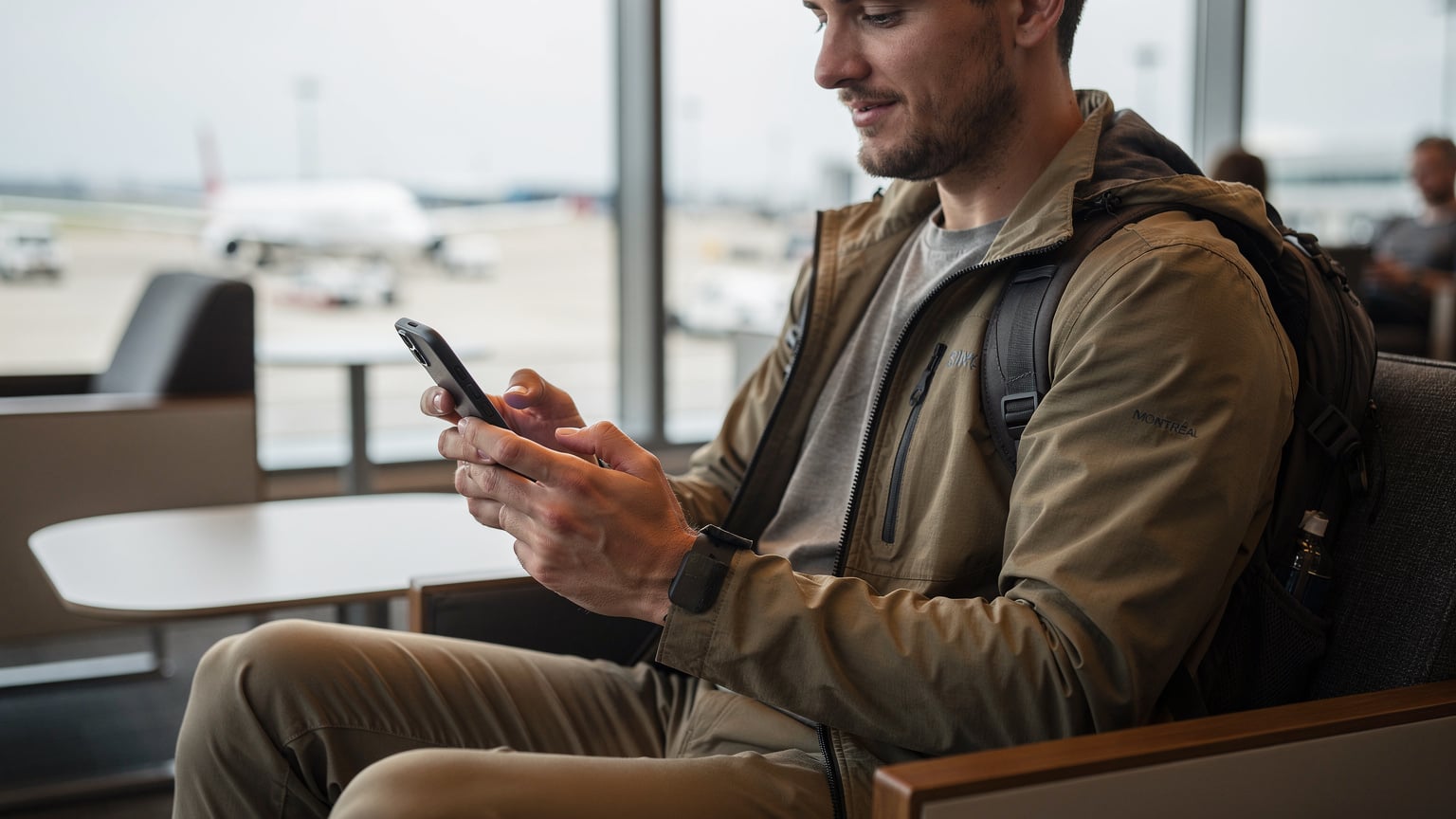Un voyageur à l'aéroport de Montréal-Trudeau, configurant son eSIM sur son smartphone juste après l'atterrissage, avec des terminaux d'embarquement et des avions en arrière-plan.