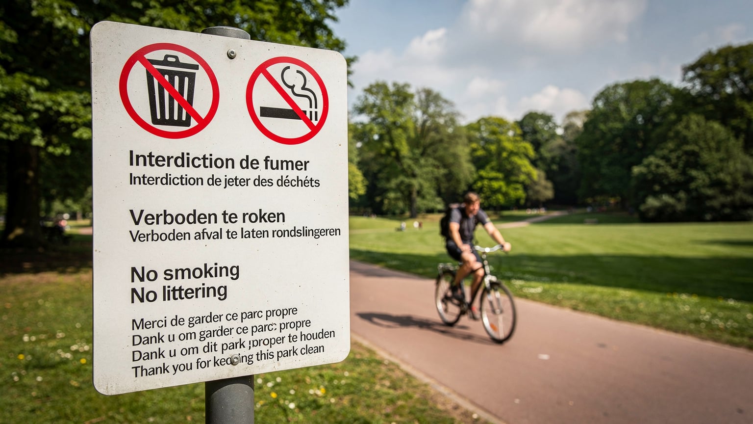 Panou de avertizare multilingvistic care afișează reguli de curățenie și interdicția de a fuma într-un parc public din Gent, cu un biciclist trecând pe fundal.