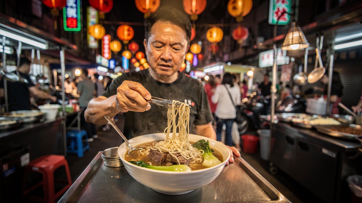 A street food vendor in a bustling Taipei night market skillfully prepares a steaming bowl of beef noodle soup, surrounded by vibrant signs and hungry patrons.