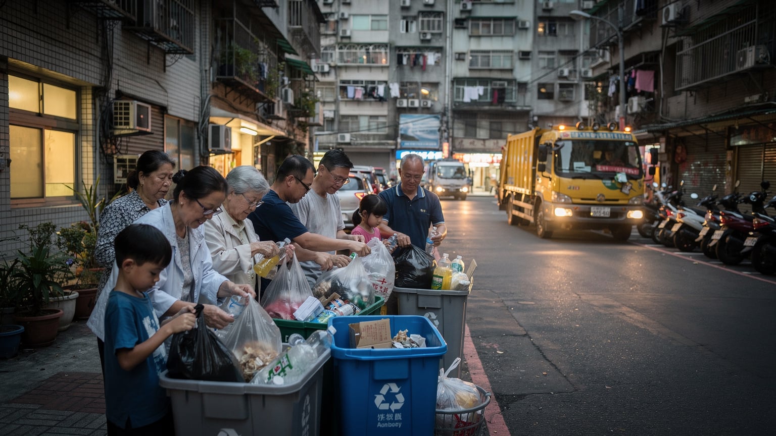 A community gathers on a street in Taipei, carefully separating their trash into different bins as a recycling truck, playing a cheerful tune, approaches at dusk.