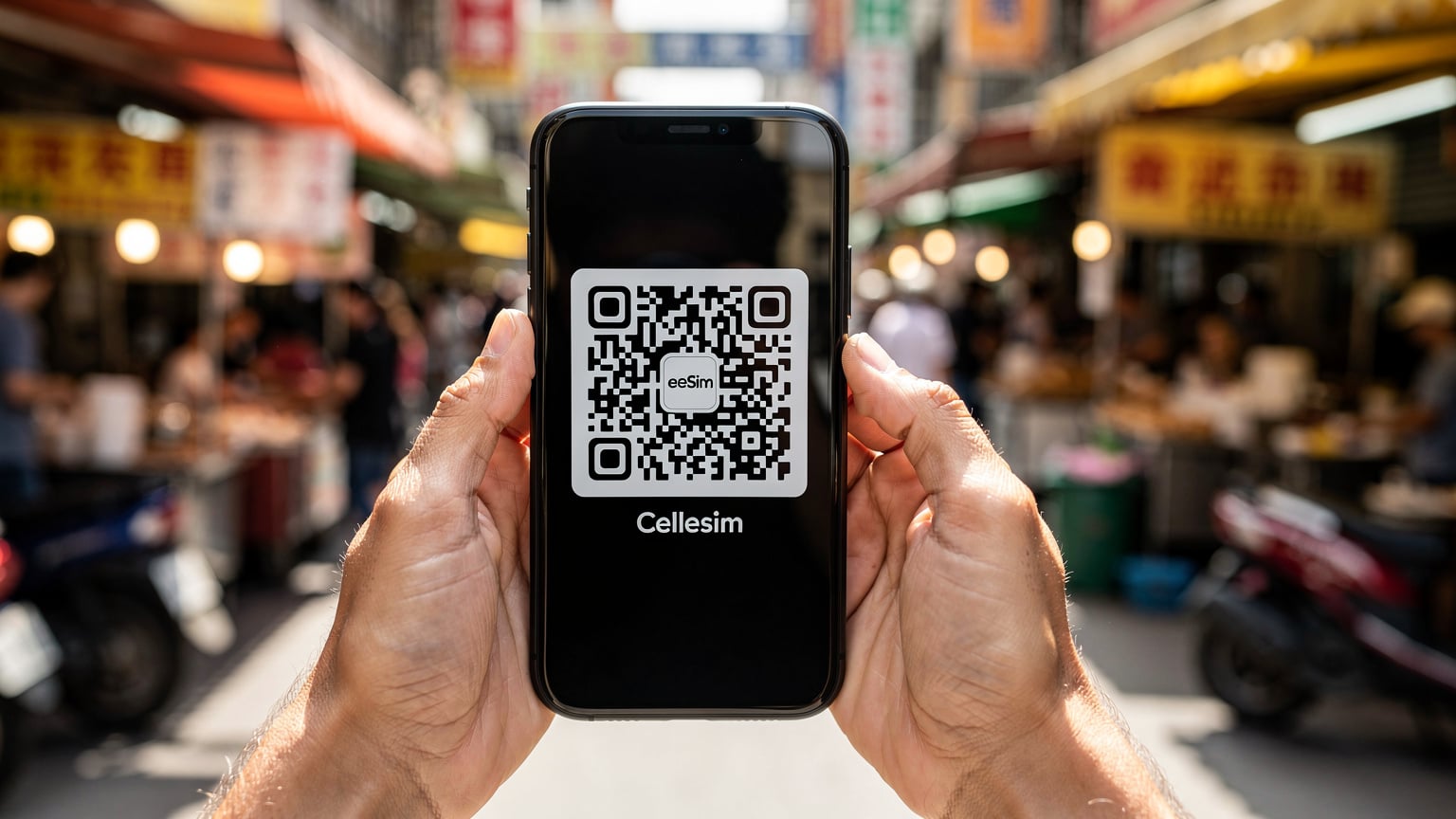 A close-up of a traveler's hands holding a smartphone, with a Cellesim eSIM QR code visible on the screen, against the backdrop of a vibrant Taiwanese street scene.