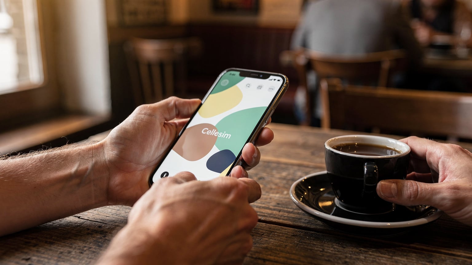 Bir kafe masasında, bir el cep telefonunda Cellesim uygulamasını açmış, diğer elinde Belçika'nın yerel bir kahve kupasıyla, internet bağlantısı kontrol ediliyor.