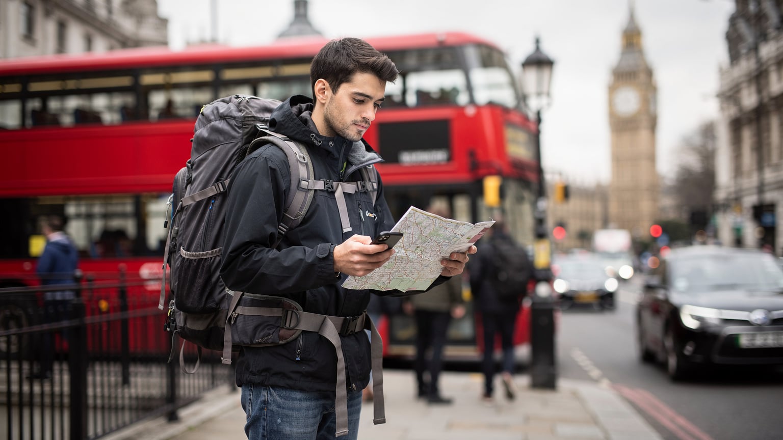 Un joven mochilero con una mochila grande se detiene en una calle concurrida de Londres, frente a un autobús rojo de dos pisos. Está mirando un mapa de papel y consultando su teléfono móvil, con el Big Ben apenas visible en la distancia, sugiriendo orientación en una ciudad grande.
