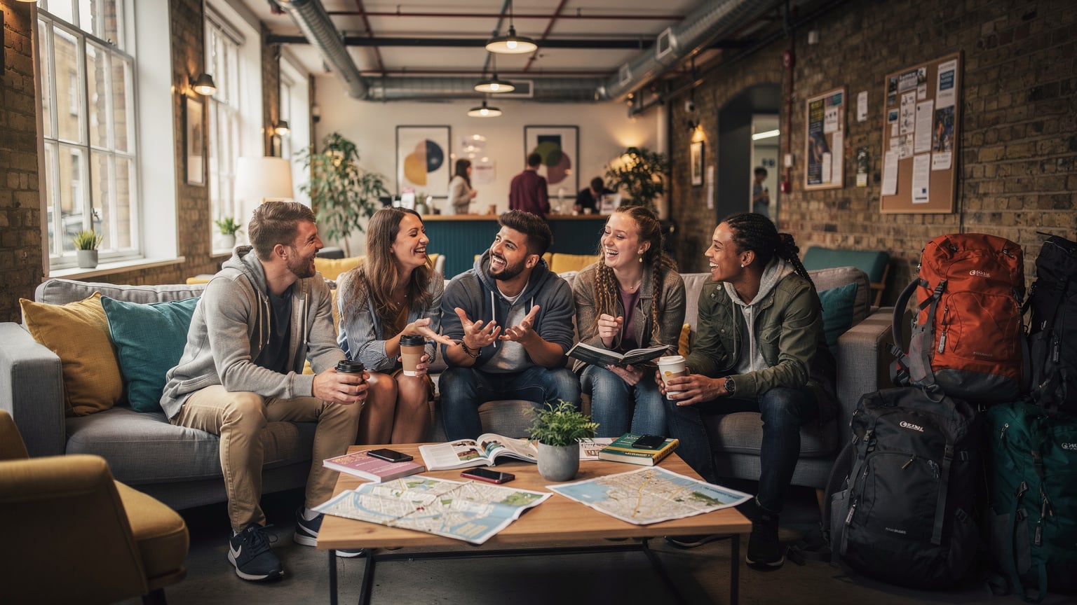Un grupo diverso de jóvenes mochileros, riendo y charlando animadamente en el área común de un hostel moderno en Shoreditch, Londres. Hay sofás cómodos, una mesa de café con mapas y guías, y sus mochilas apiladas en un rincón. La atmósfera es social y vibrante, propia de un albergue.