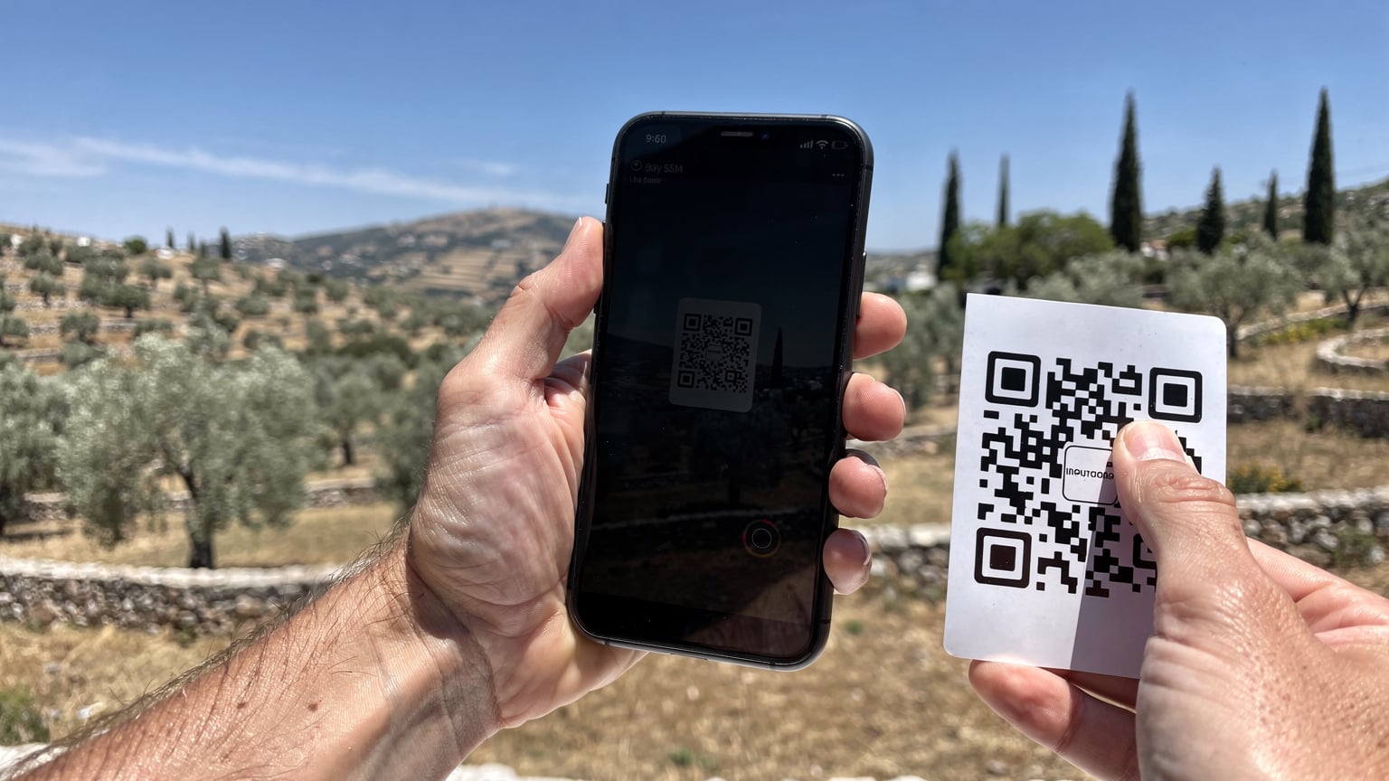 Ένας άνδρας σαρώνει έναν κωδικό QR στην οθόνη του τηλεφώνου του για να ενεργοποιήσει την eSIM του, με φόντο έναν ελληνικό ελαιώνα και γαλάζιο ουρανό.