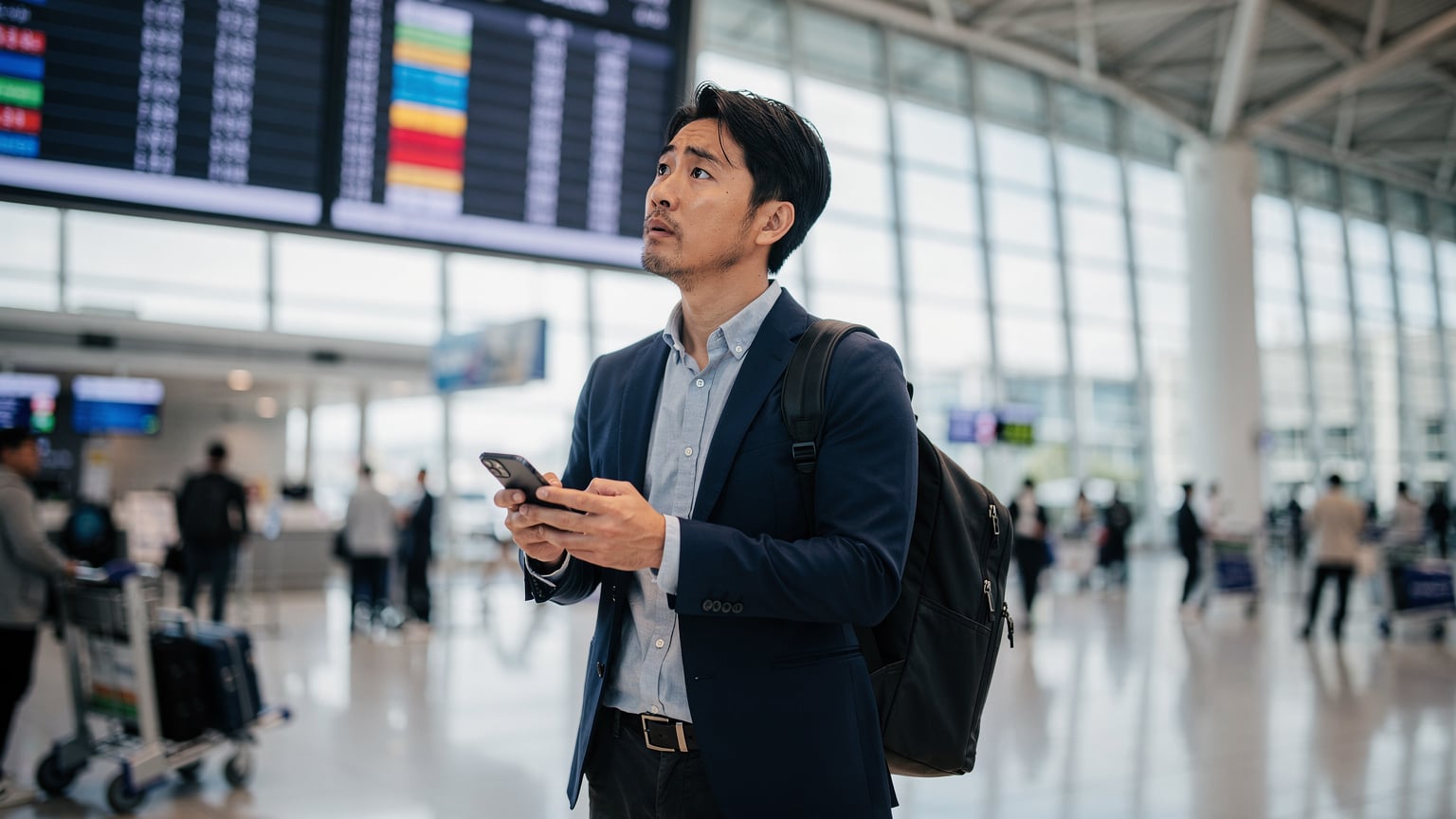 仁川国際空港の出発ロビーで、搭乗ゲートの案内板を見上げながら、スマートフォンの画面を心配そうに見つめている旅行者。