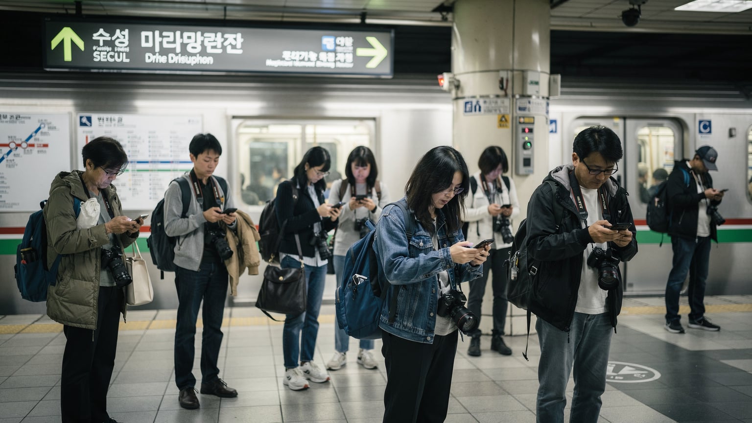 ソウルの地下鉄駅構内で、到着する列車を待つ人々。スマートフォンの画面を真剣に見つめている。