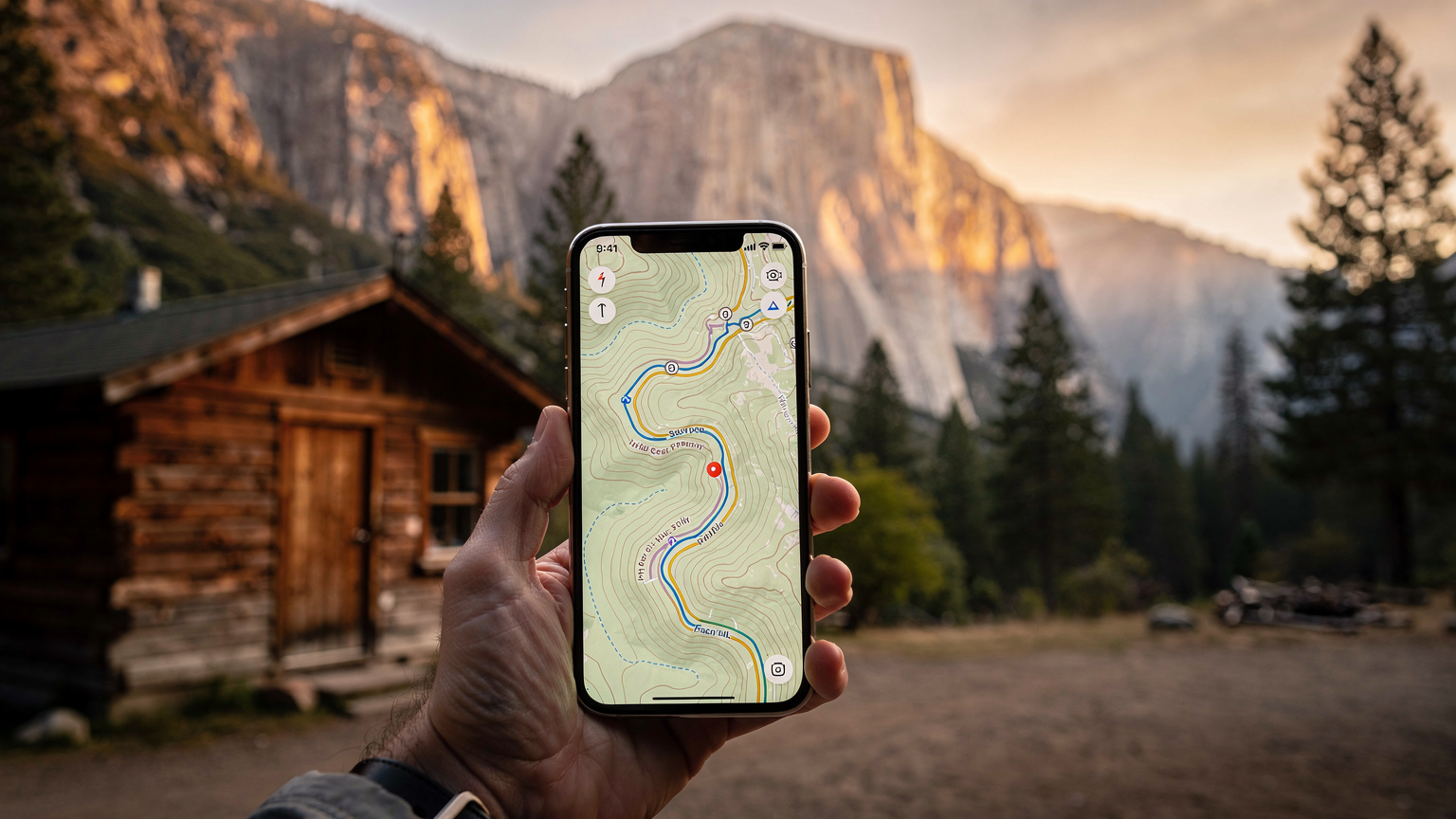 Eine Nahaufnahme eines Smartphones, das eine Offline-Karte in Google Maps anzeigt, mit einer Hütte im Yosemite-Nationalpark im Hintergrund bei Sonnenuntergang.