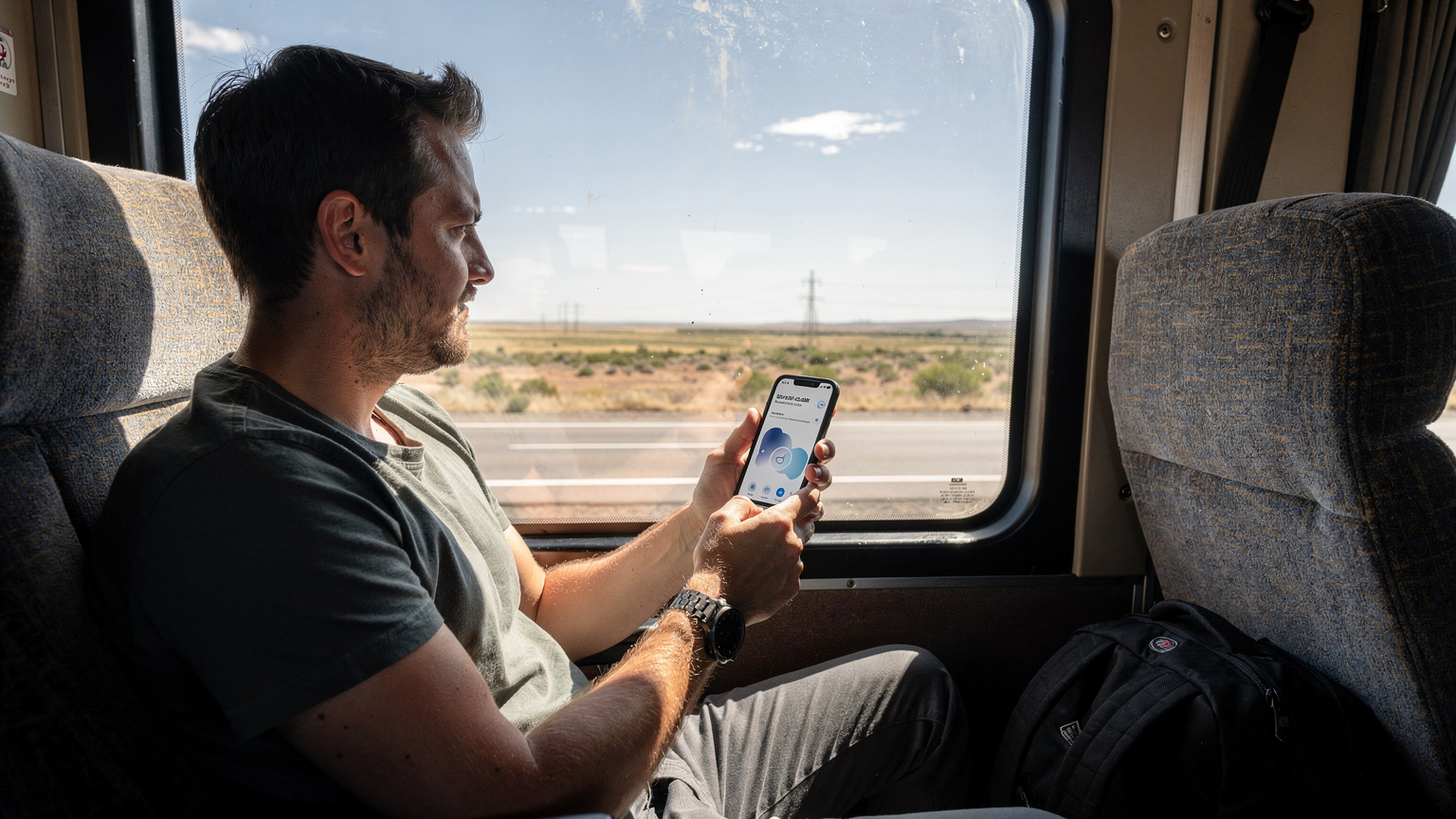 Ein Reisender zeigt seine eSIM-App auf dem Smartphone, während er auf einem Greyhound-Bus in den USA sitzt und die vorbeiziehende Landschaft betrachtet.
