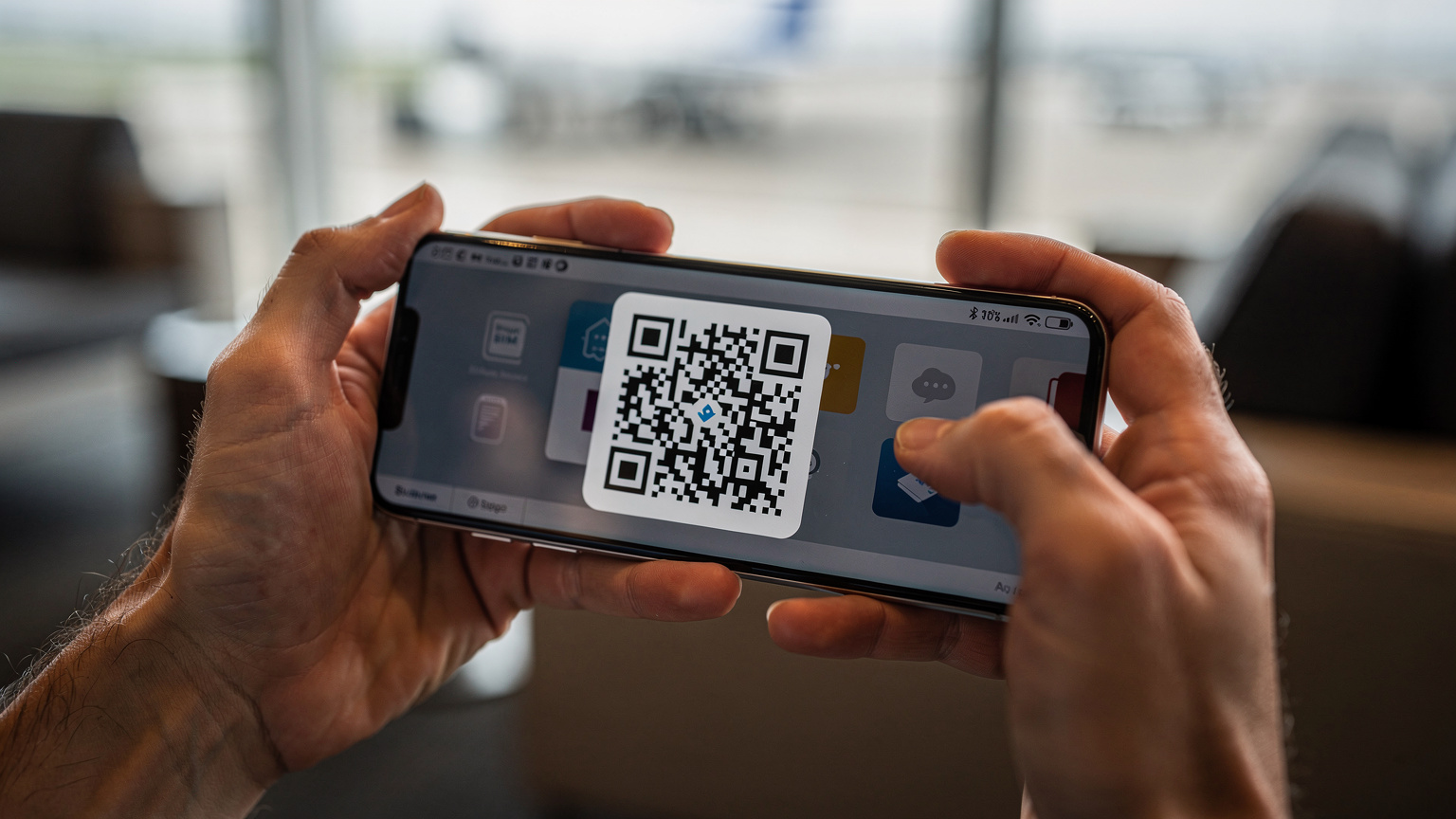 Eine Nahaufnahme von Händen, die ein Smartphone halten, auf dem eine eSIM-Aktivierungsseite mit einem QR-Code zu sehen ist, im Hintergrund verschwommen ein Flughafen.