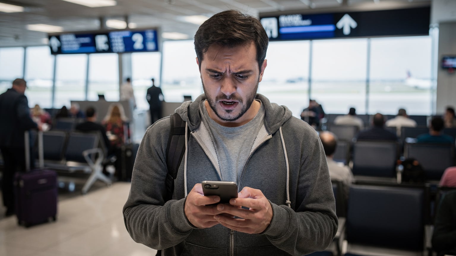 Ein Reisender, der besorgt auf seine hohe Telefonrechnung auf dem Smartphone schaut, während er an einem belebten Flughafen-Gate wartet.