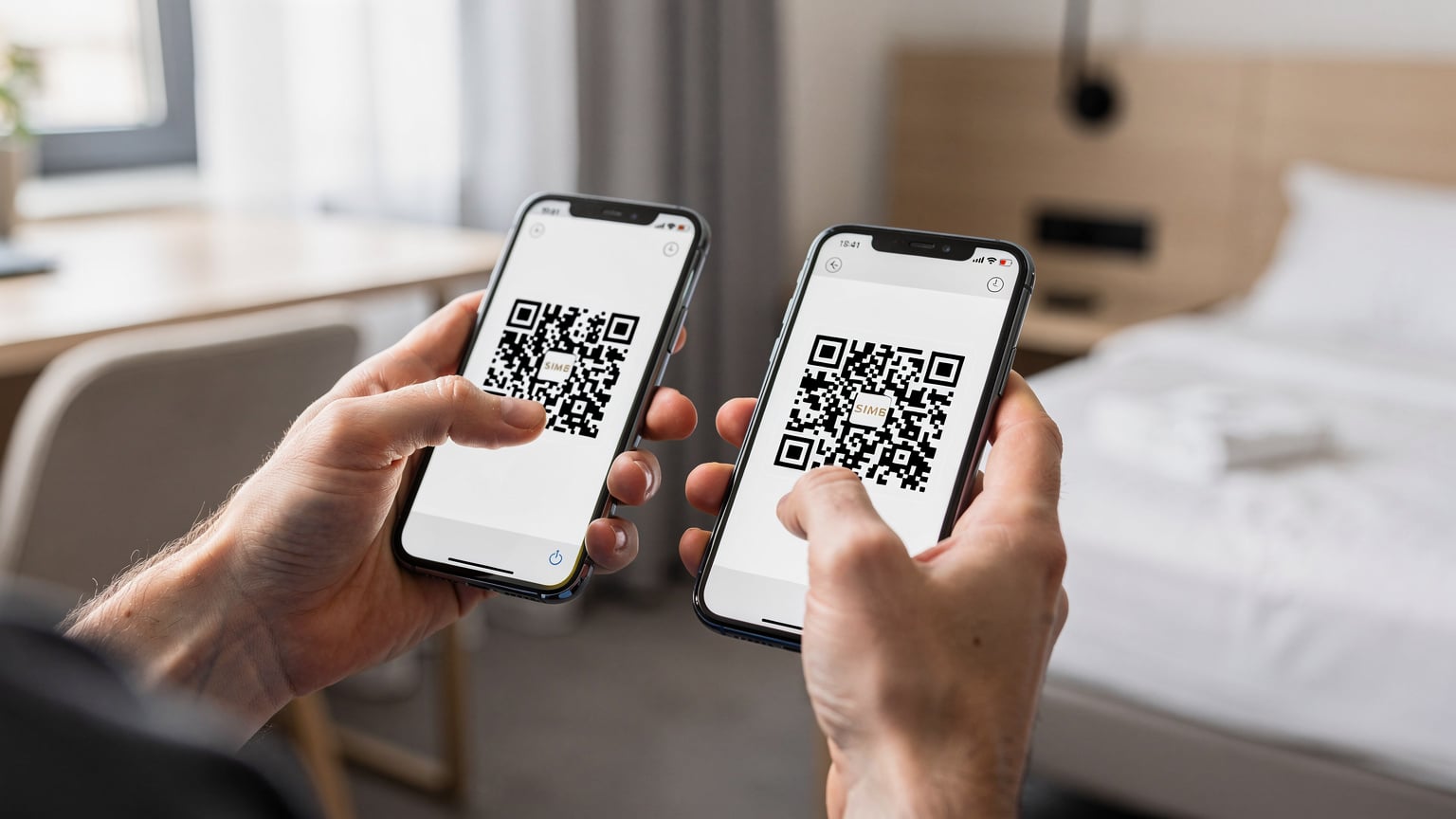 Een close-up van handen die een QR-code op een smartphone scannen om een eSIM te activeren, met een wazige achtergrond van een hotelkamer.