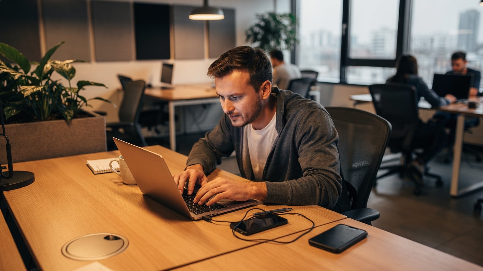 Een digital nomad werkt geconcentreerd in een co-working space in Warschau, Polen, met een laptop, koffie en een telefoon op tafel.