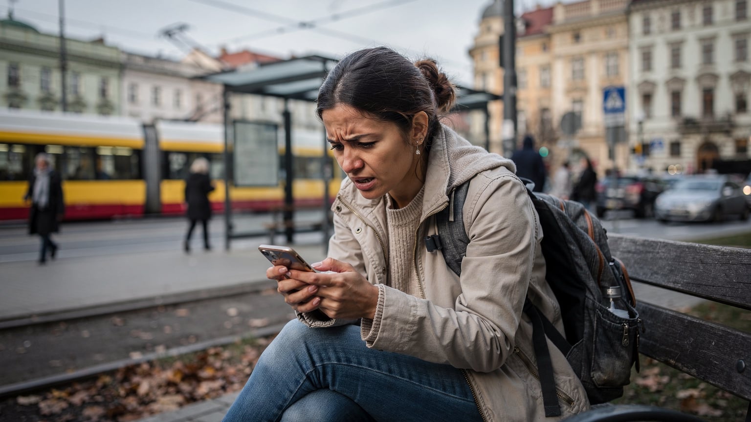 Een digitale nomade zit gefrustreerd op een bankje bij een openbaar vervoershalte in Warschau, Polen, en kijkt met een bezorgde blik naar haar telefoon.