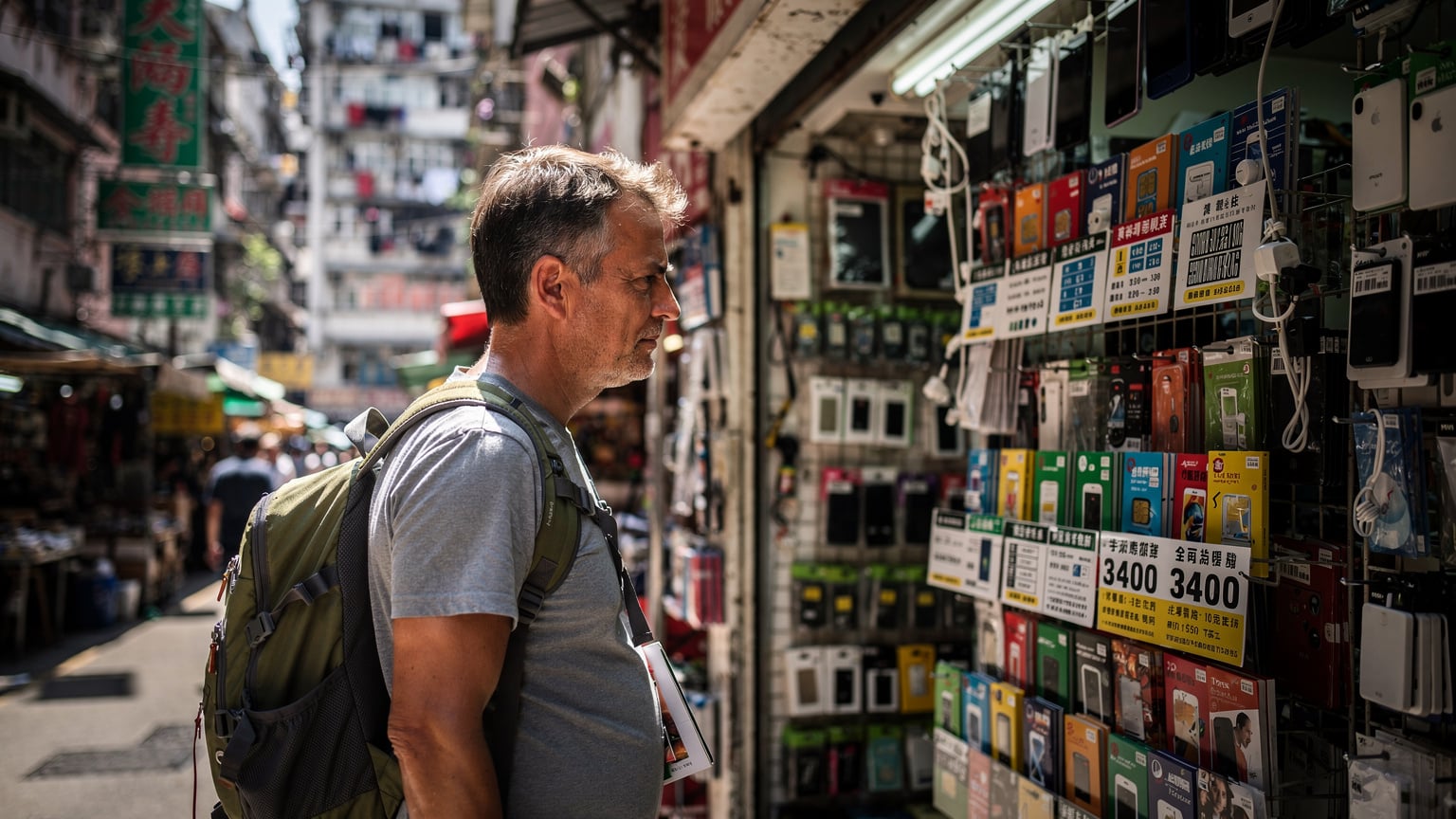 一位旅客在香港繁忙的鴨寮街手機店前駐足,審視著琳瑯滿目的本地預付卡廣告牌,試圖辨別最佳方案。