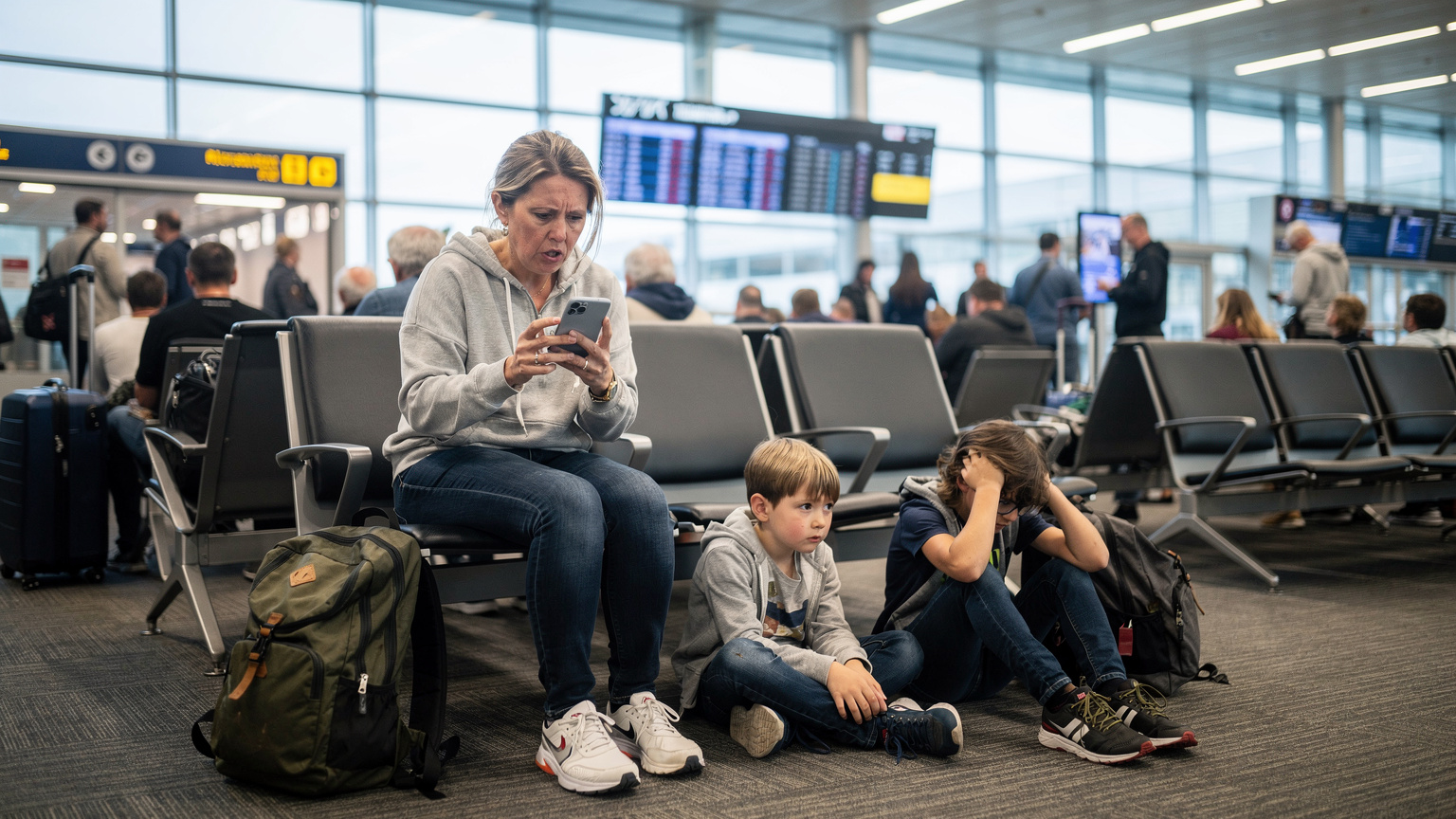 Eine erschöpfte Mutter blickt mit besorgter Miene auf ihr Smartphone, während ihre beiden müden Kinder auf dem Boden eines belebten Gates am Flughafen München sitzen, der Flug ist verspätet.