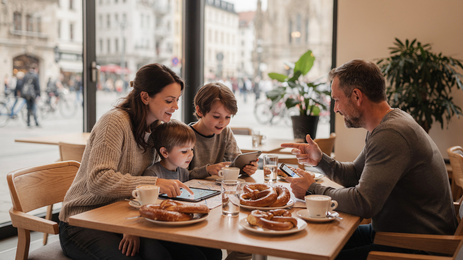 Eine Familie, bestehend aus Eltern und zwei Kindern, sitzt gemütlich an einem Holztisch in einem modernen Münchner Café und plant ihre Reiseroute auf Tablets und Smartphones, während sie frische Brezeln genießt.