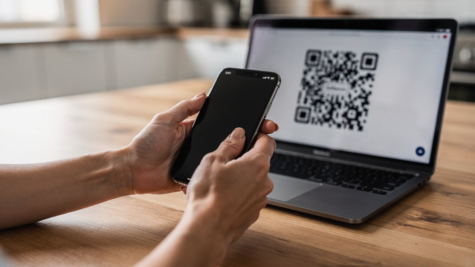 Un gros plan des mains d'une femme tenant un iPhone et scannant un QR code d'eSIM affiché sur un écran d'ordinateur portable, sur une table de cuisine lumineuse.