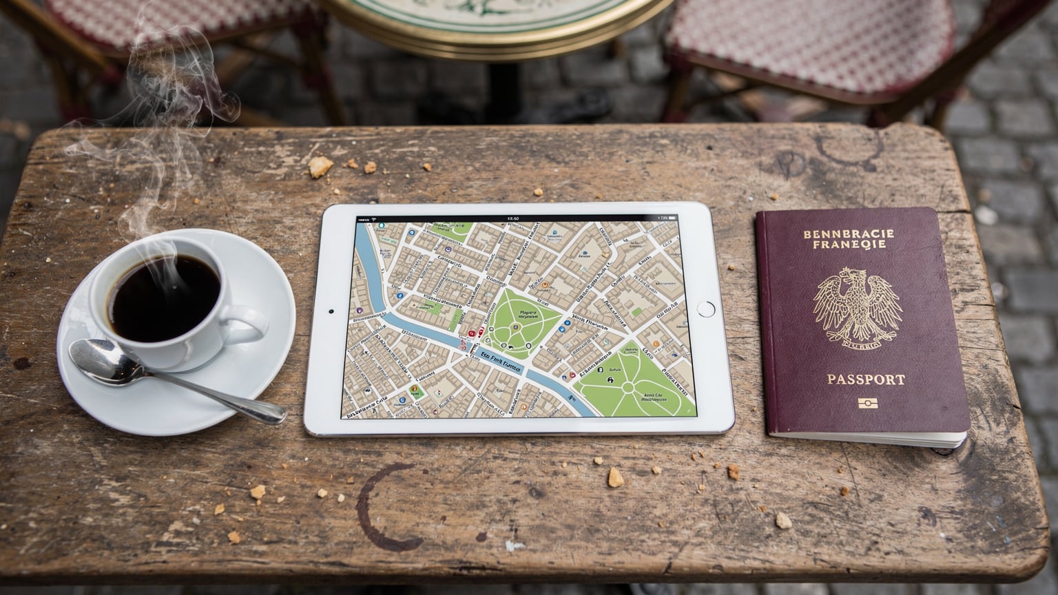 Un iPad affichant une carte hors ligne est posé sur une table de café en plein air à Paris, à côté d'une tasse de café fumante et d'un passeport français.
