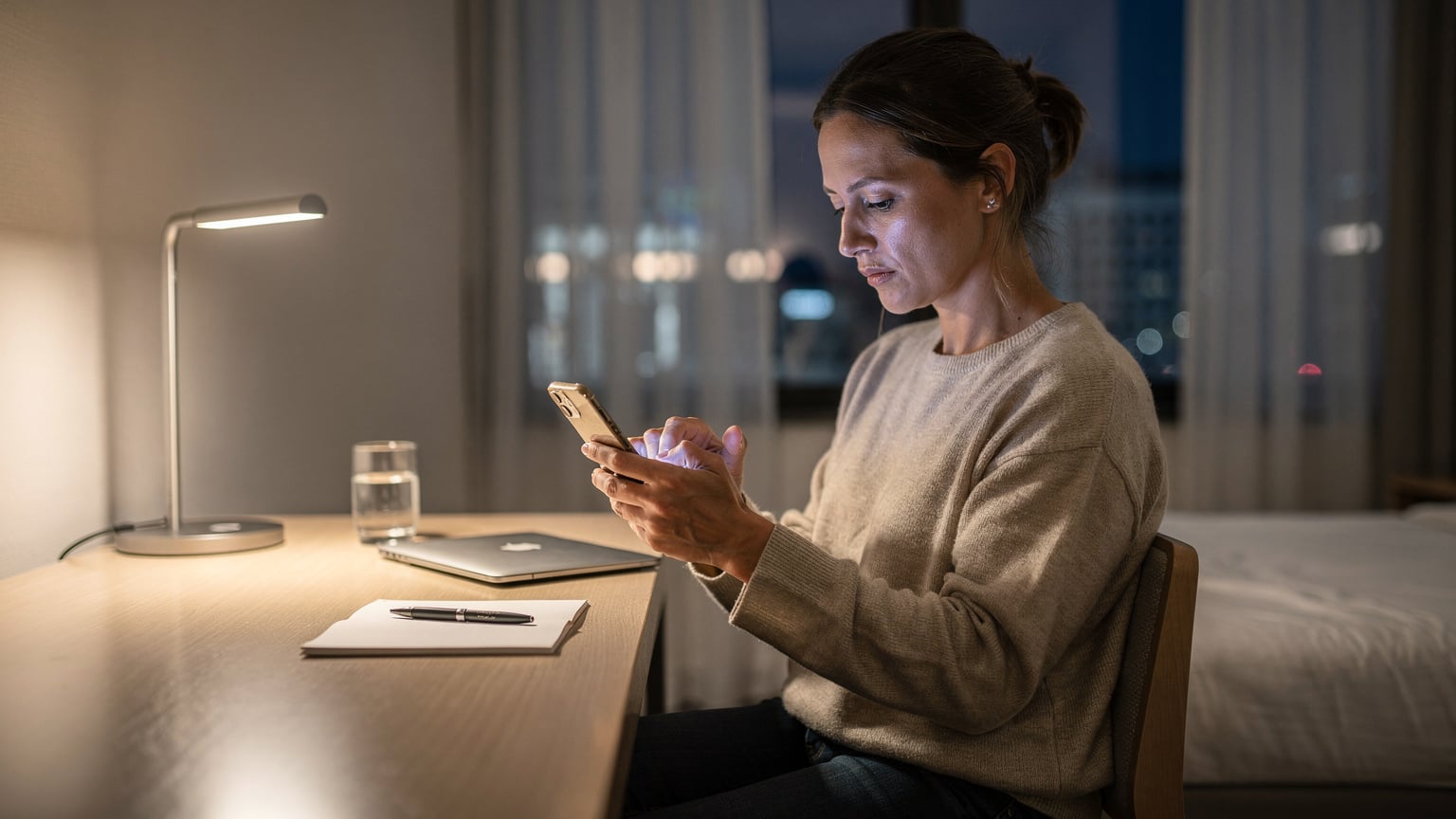 Une femme assise à un bureau d'hôtel minimaliste, le visage légèrement fatigué mais concentré, saisissant des informations sur un iPhone dans une pièce bien rangée.