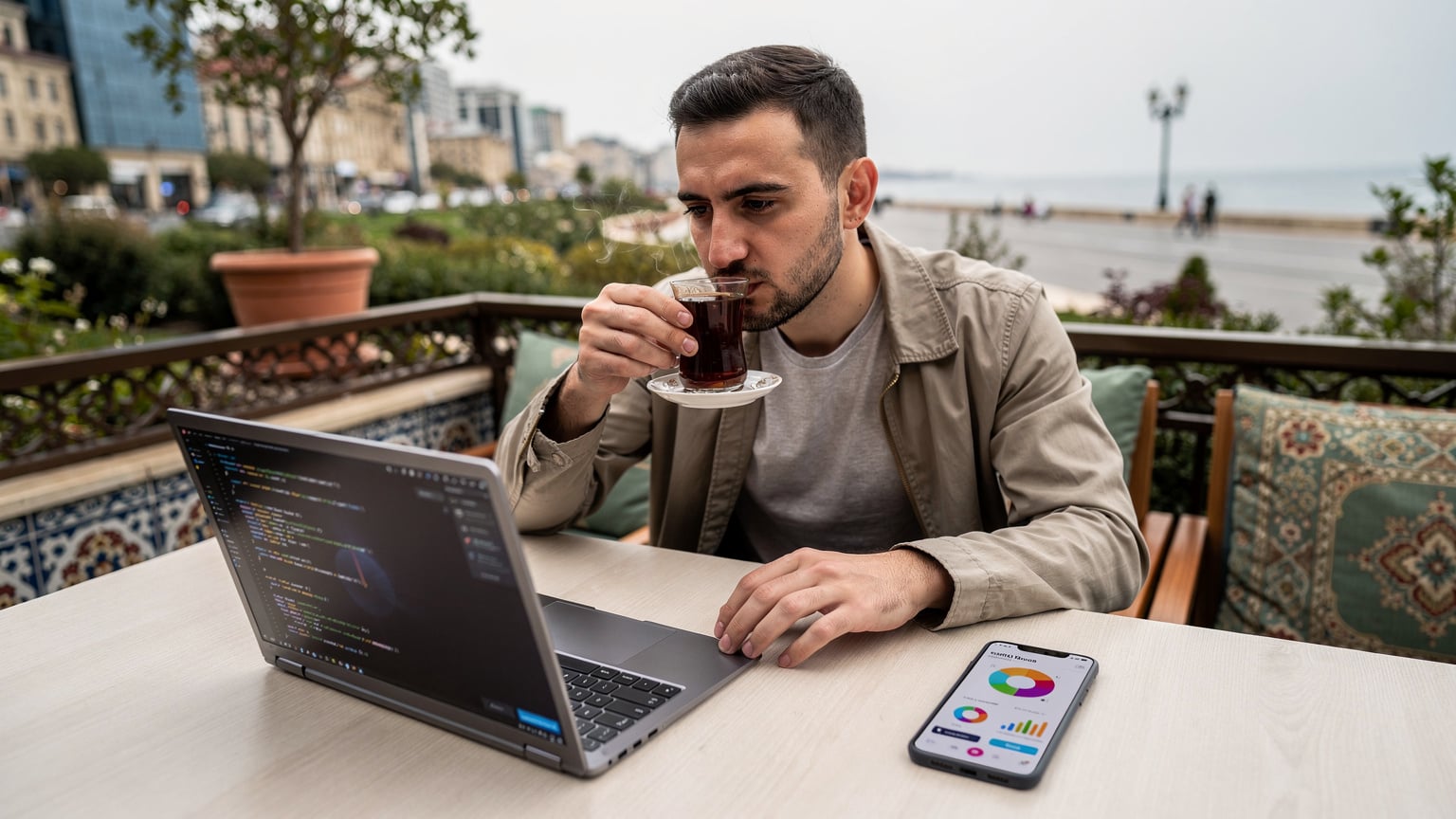Bakü'nün modern bir çay bahçesinde, bir teknoloji meraklısı çay içerken dizüstü bilgisayarında ve telefonunda çoklu görev yapıyor.