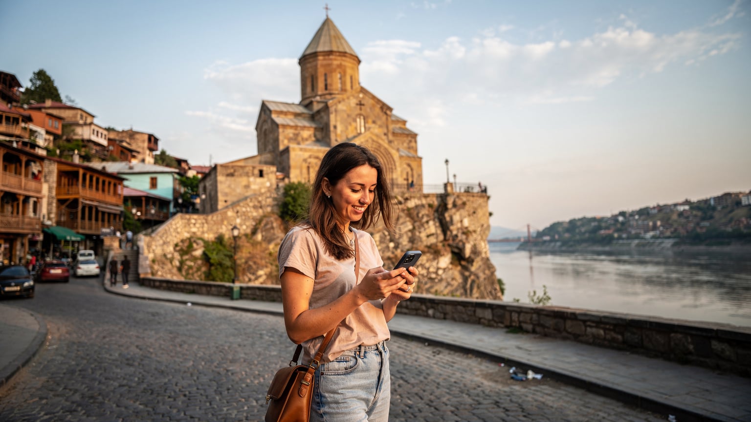 Tiflis'in tarihi Metekhi Kilisesi önünde, elinde akıllı telefon tutan bir gezgin eSIM kurulumunu kontrol ediyor, gülümseyerek.