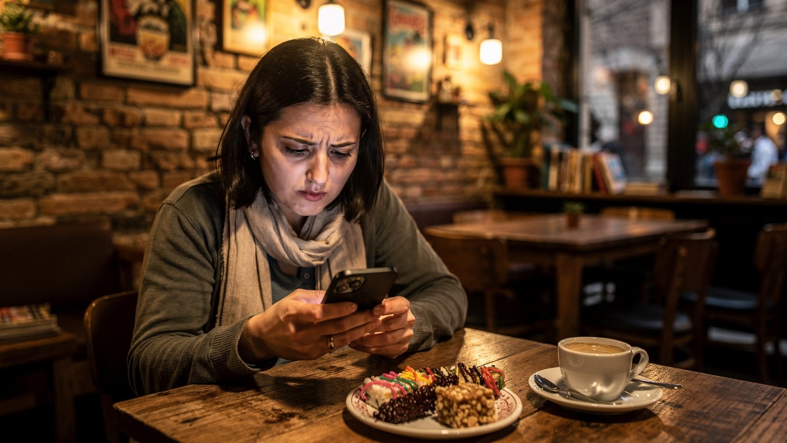 Tiflis'teki küçük, şirin bir kafede bir gezgin, yerel tatlılar eşliğinde telefonunda eSIM bağlantı sorunlarını gideriyor.