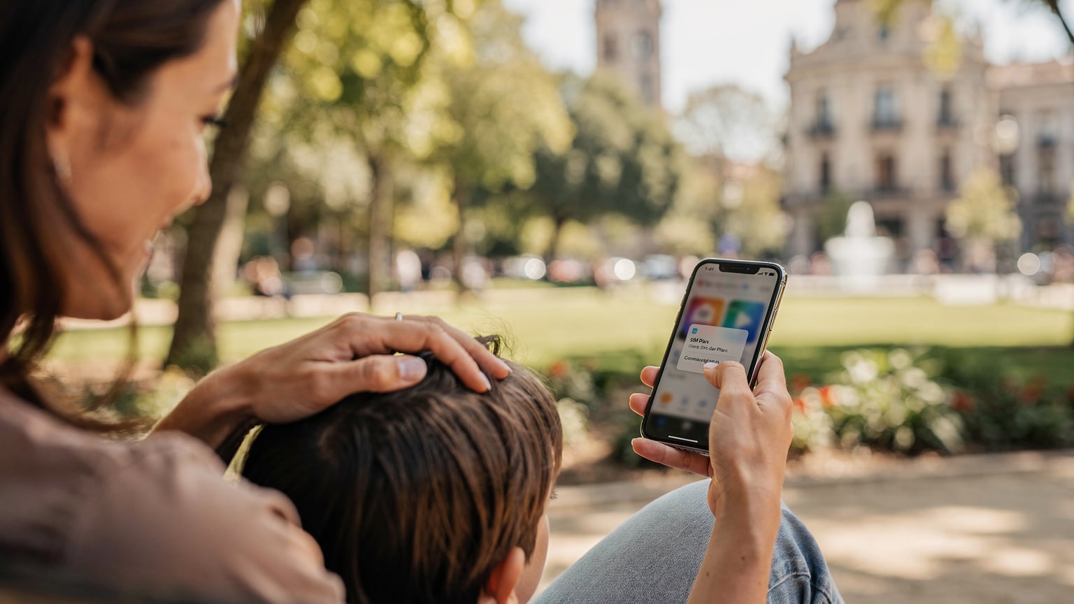 Bir annenin elinde akıllı telefonuyla Cellesim uygulamasından İspanya için uygun bir eSIM planı seçerken, diğer eliyle çocuğunun saçını okşuyor.