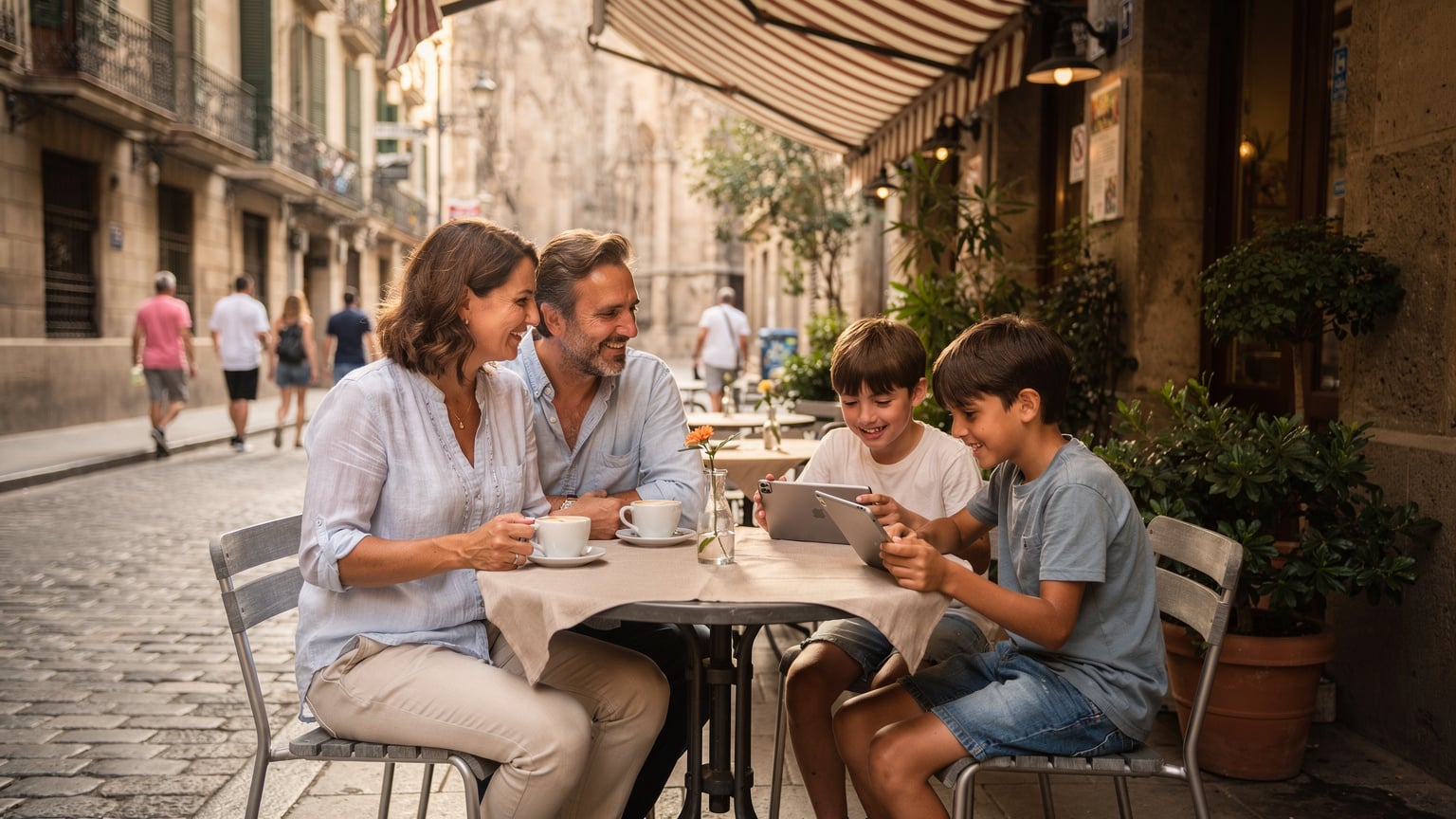 Bir aile, Barselona'daki bir kafede oturmuş, ebeveynler kahvelerini yudumlarken çocuklar tabletlerinde indirdikleri oyunları oynuyor, ücretsiz Wi-Fi'dan yararlanıyorlar.