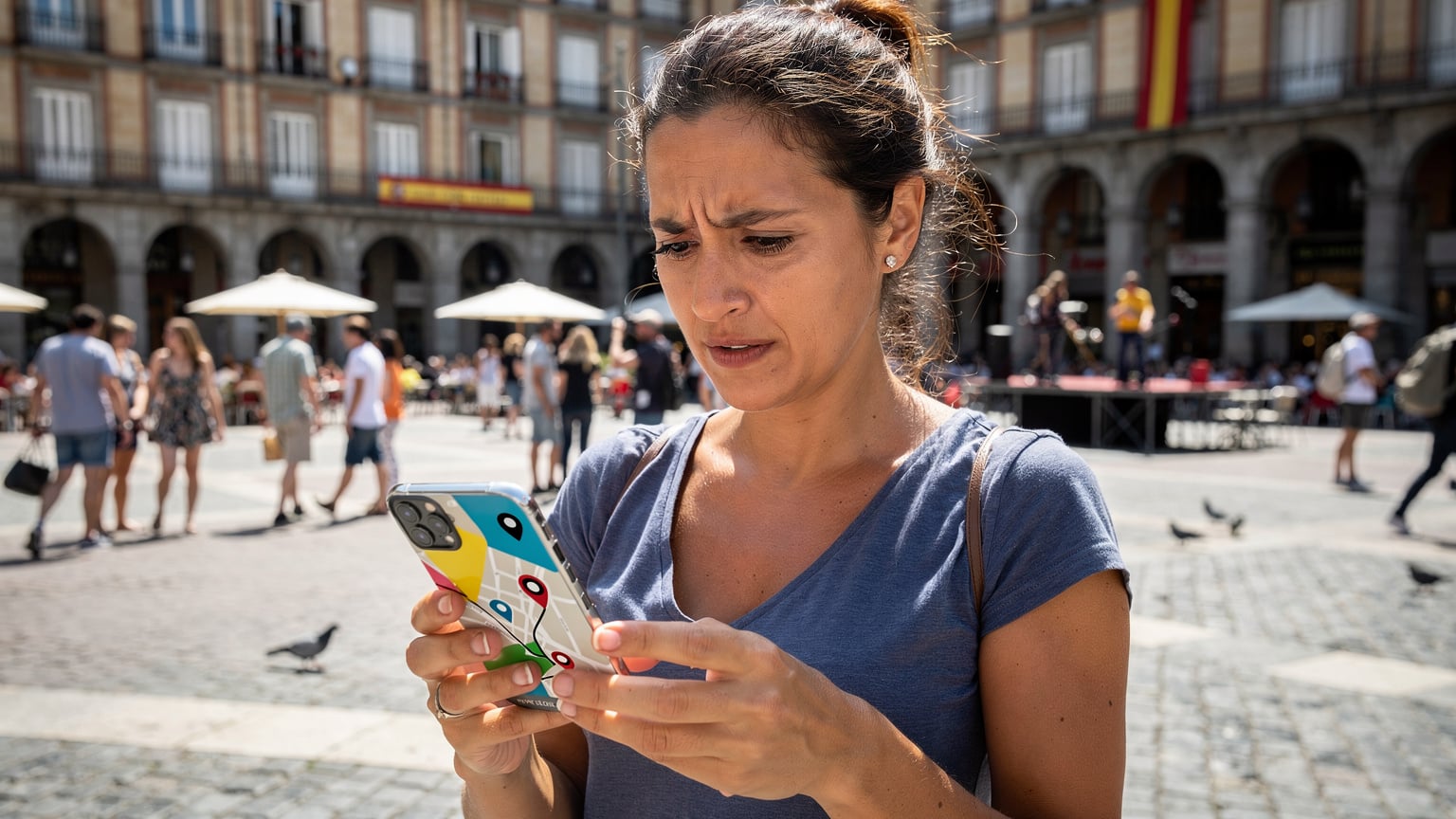 Bir annenin elinde akıllı telefonuyla çocuklarının konumunu harita üzerinden takip ederken, yüzünde hafif bir endişe ve rahatlama ifadesi var, arka planda kalabalık bir İspanyol meydanı.