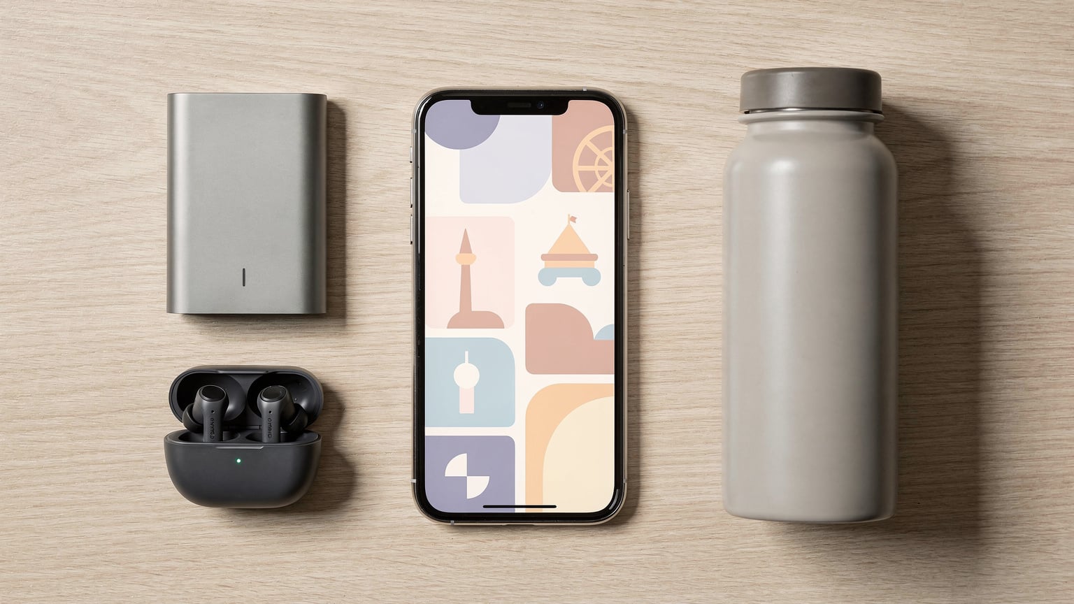 Ein aufgeräumtes Overhead-Flat-Lay-Arrangement eines Reisetisches, der ein Smartphone mit der geöffneten Europa-Park App, eine Powerbank, in-Ear-Kopfhörer und eine wiederverwendbare Wasserflasche auf einer hellen Holzoberfläche zeigt, bereit für einen Tagesausflug.