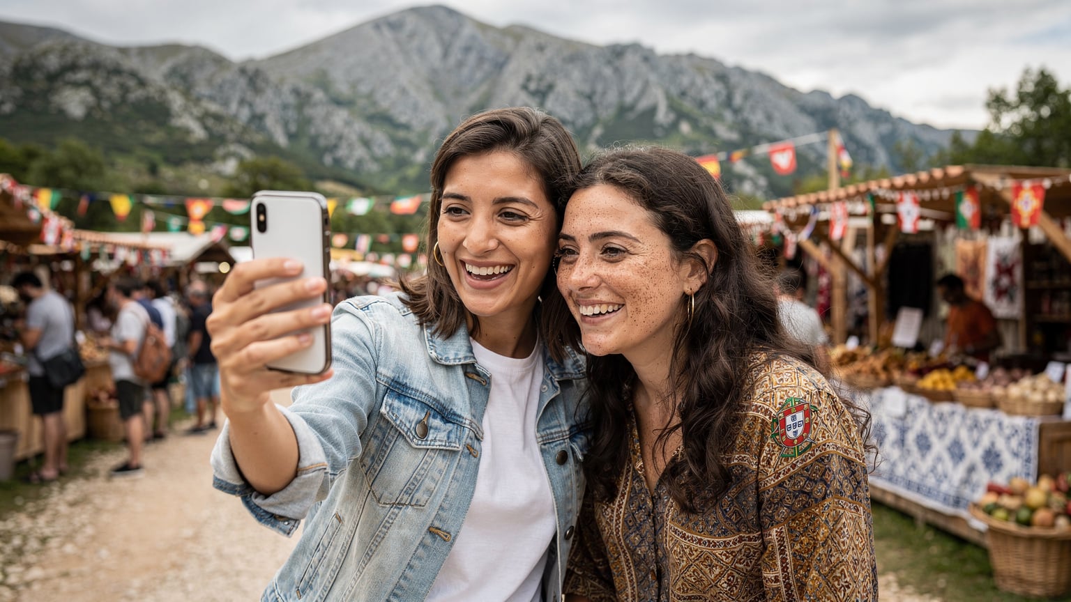 Uma mulher em êxtase mostra o seu telefone para uma amiga, ambas a rir, com as montanhas da Serra da Estrela ao fundo.