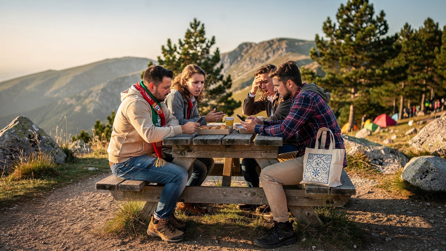 Um grupo de amigos sentados numa mesa de piquenique na Serra da Estrela, um deles com o rosto frustrado a olhar para o smartphone sem sinal.