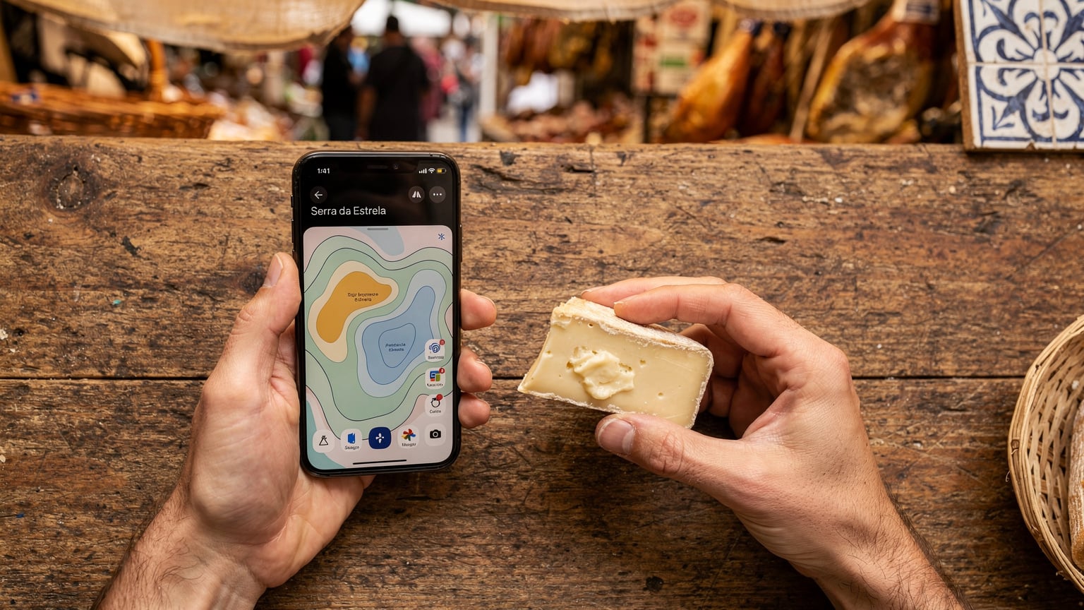 Uma mão segura um smartphone, exibindo um mapa da Serra da Estrela com marcadores de rede, enquanto a outra mão segura um queijo tradicional.