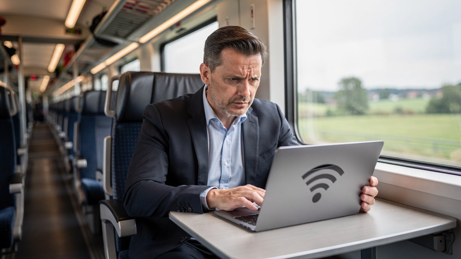 Ein Reisender im ICE versucht frustriert, eine Verbindung auf seinem Laptop herzustellen, während das Zug-WLAN-Symbol auf dem Bildschirm einen Abbruch anzeigt.
