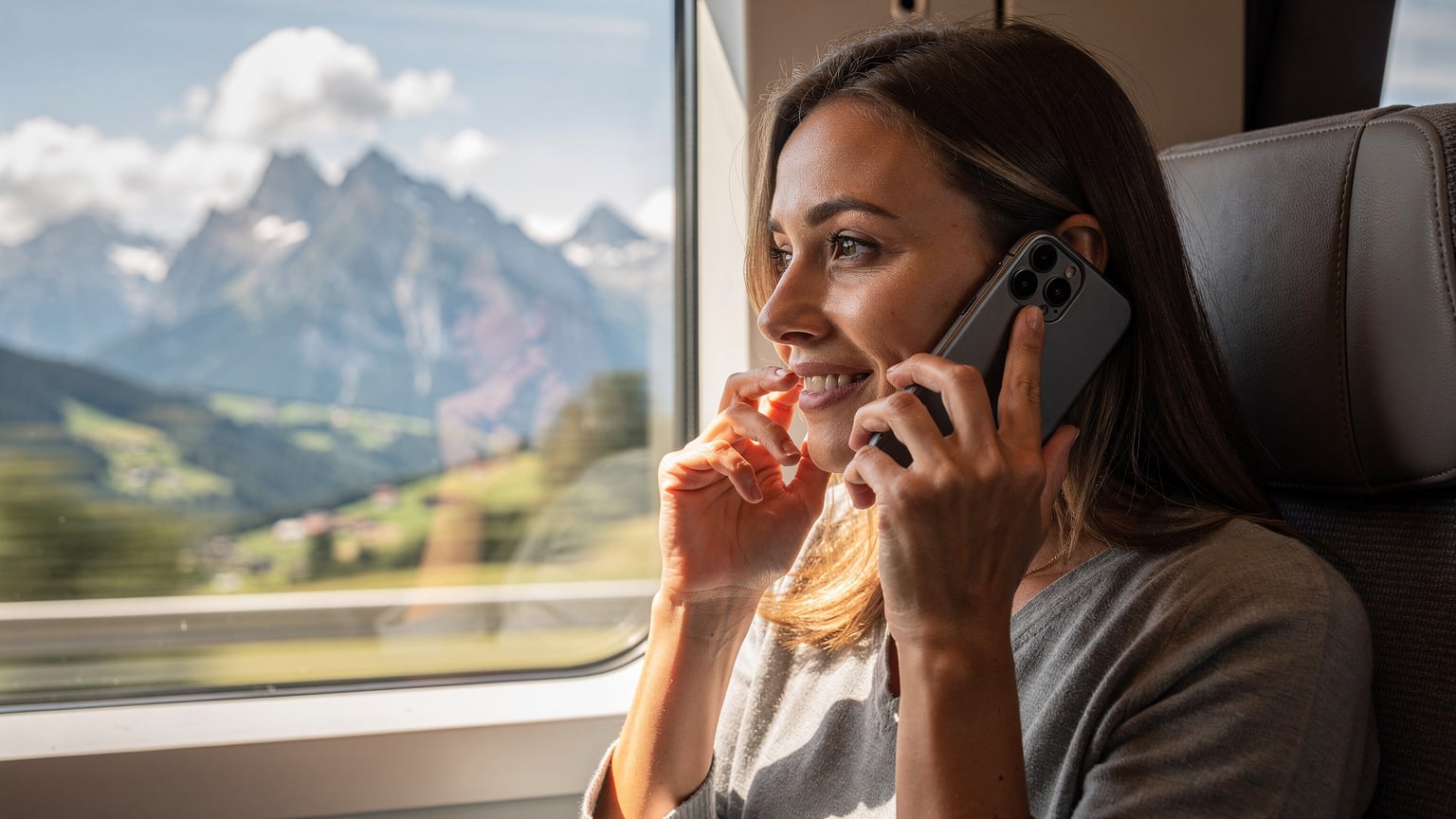 Eine Person telefoniert über ihr Smartphone, das eine VoWiFi-Verbindung anzeigt, während im Hintergrund eine beeindruckende Berglandschaft an den Zugfenstern vorbeizieht.